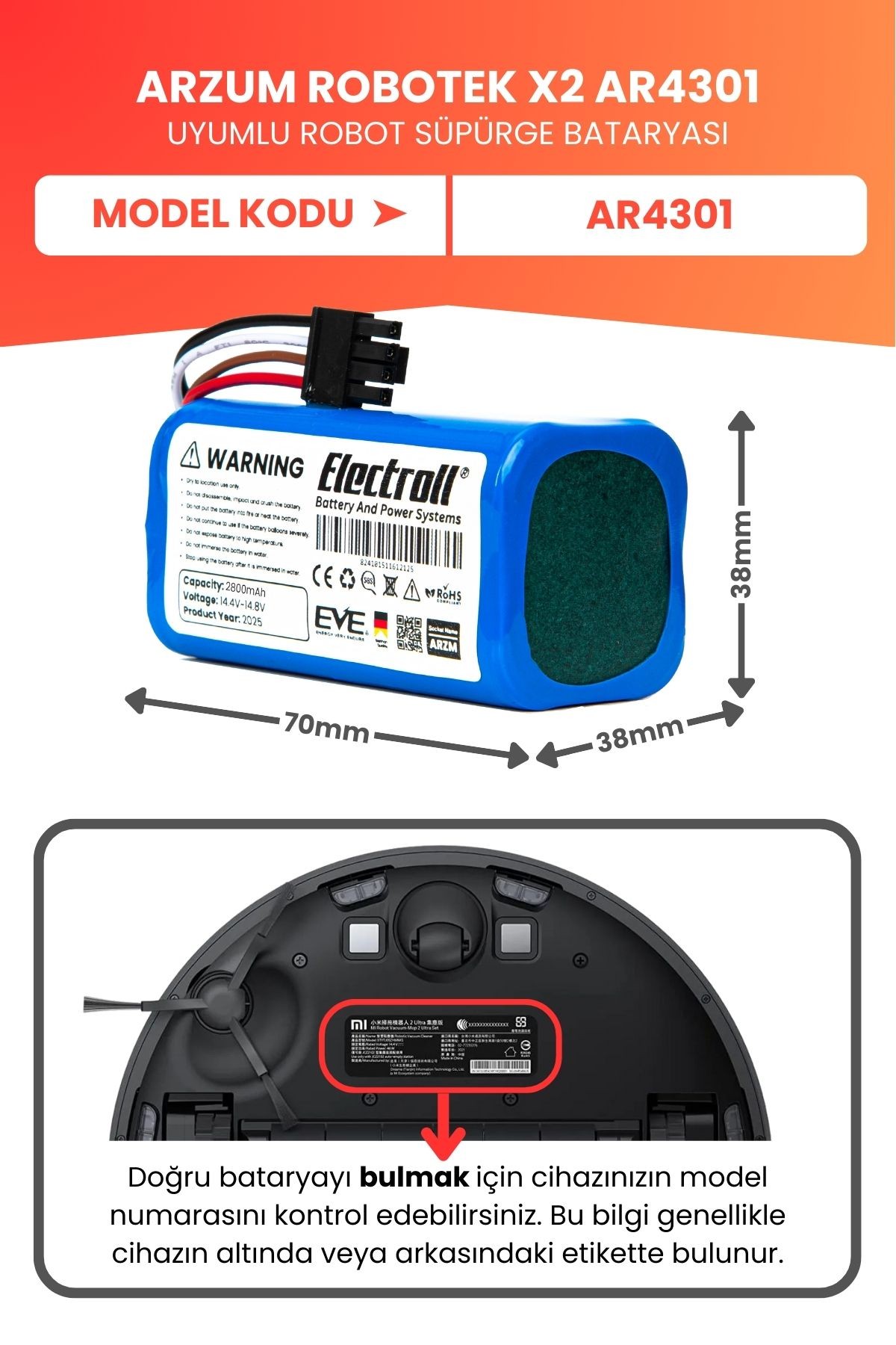 Arzum Robotek X2 AR4301 Uyumlu Batarya (YÜKSEK KAPASİTE) 2800mah Pil Akıllı Robot Süpürge Bataryası
