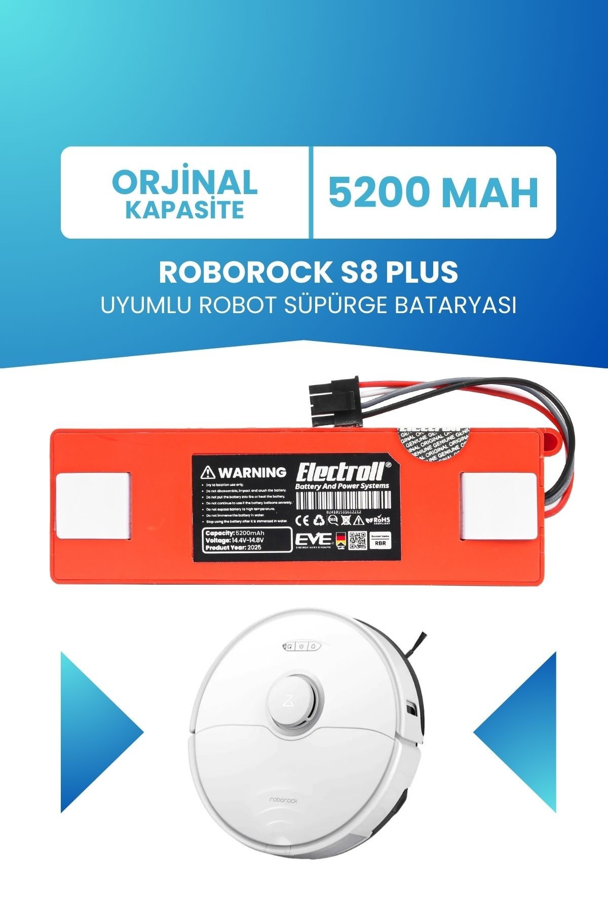 Roborock S8 Plus Uyumlu Batarya (ORJİNAL KAPASİTE) 5200mah Kutulu Robot Süpürge Pil Değişimi