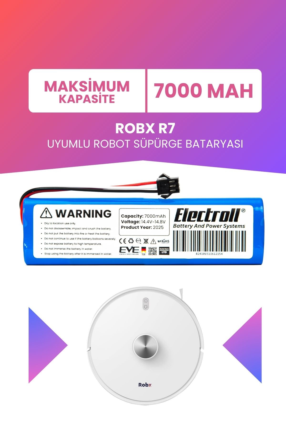 Robx R7 Uyumlu Batarya (MAKSİMUM KAPASİTE) 7000mah Pil Robot Süpürge Bataryası Değişimi