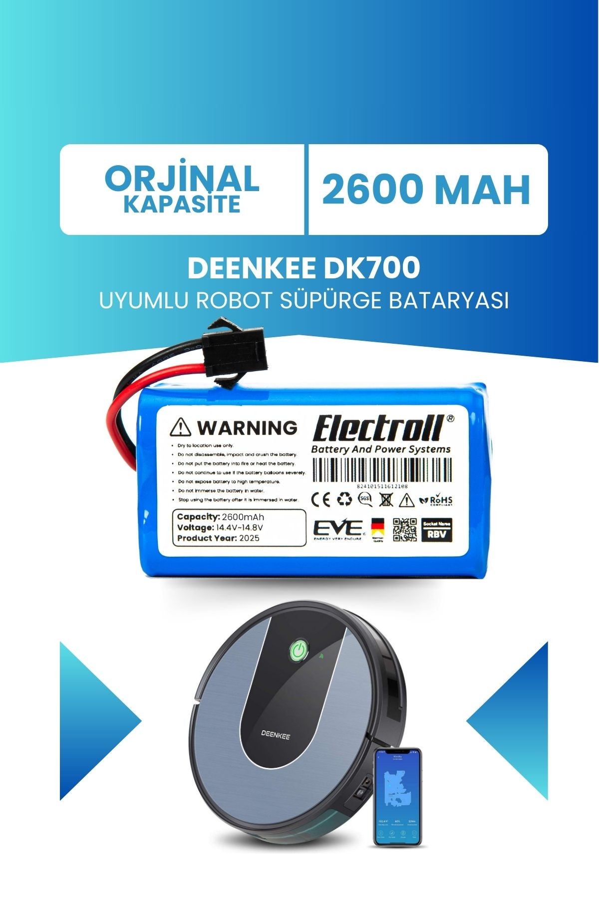 Deenkee Dk700 Uyumlu Batarya (ORJİNAL KAPASİTE) 2600mah Pil Akıllı Robot Süpürge Bataryası