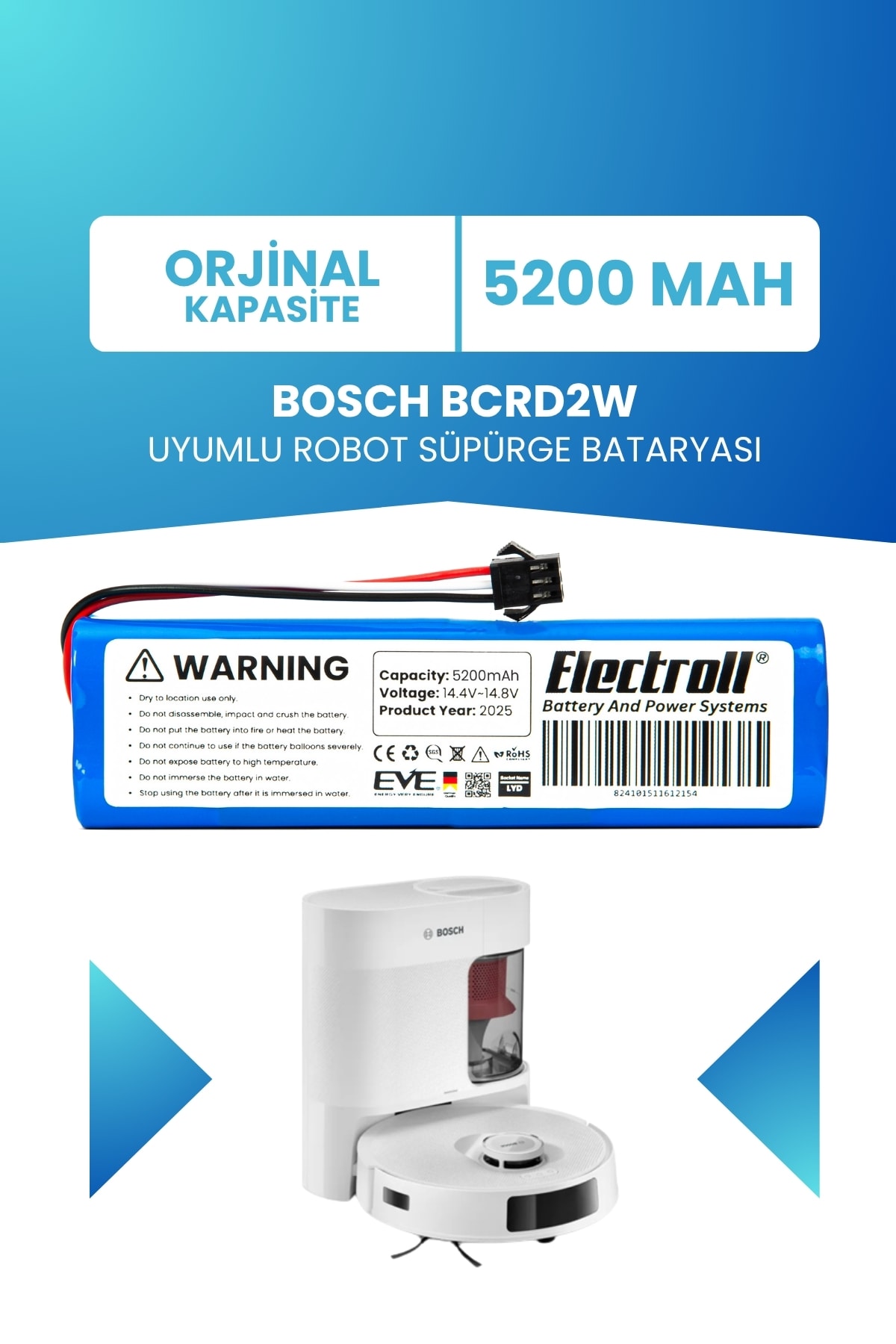 Bosch BCRD2W Uyumlu Batarya (STANDART KAPASİTE) 5200mah Pil Şarjlı Robot Süpürge Bataryası Tamir, Revizyon ve Pil Yenileme