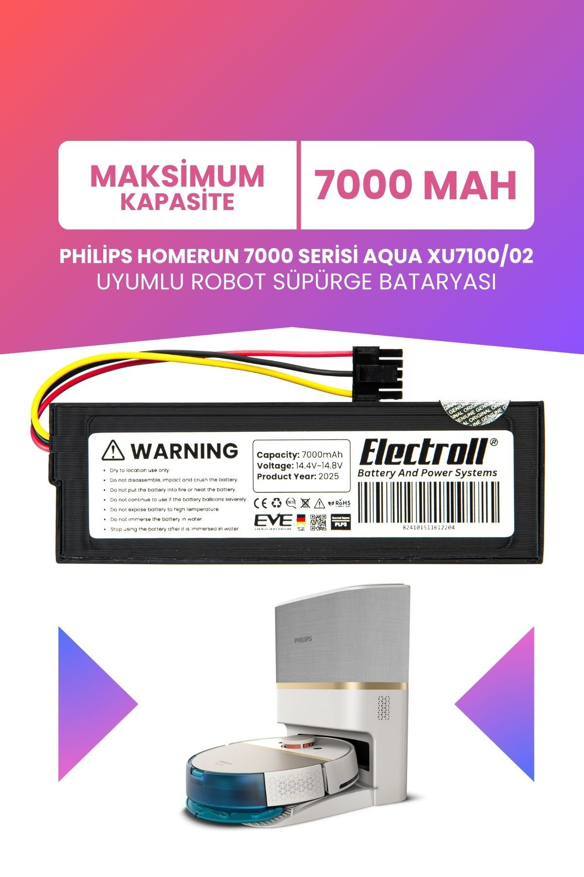 Philips Homerun 7000 Serisi Aqua Xu7100/02 Batarya (MAKSİMUM KAPASİTE) 7000mah Robot Süpürge Pil