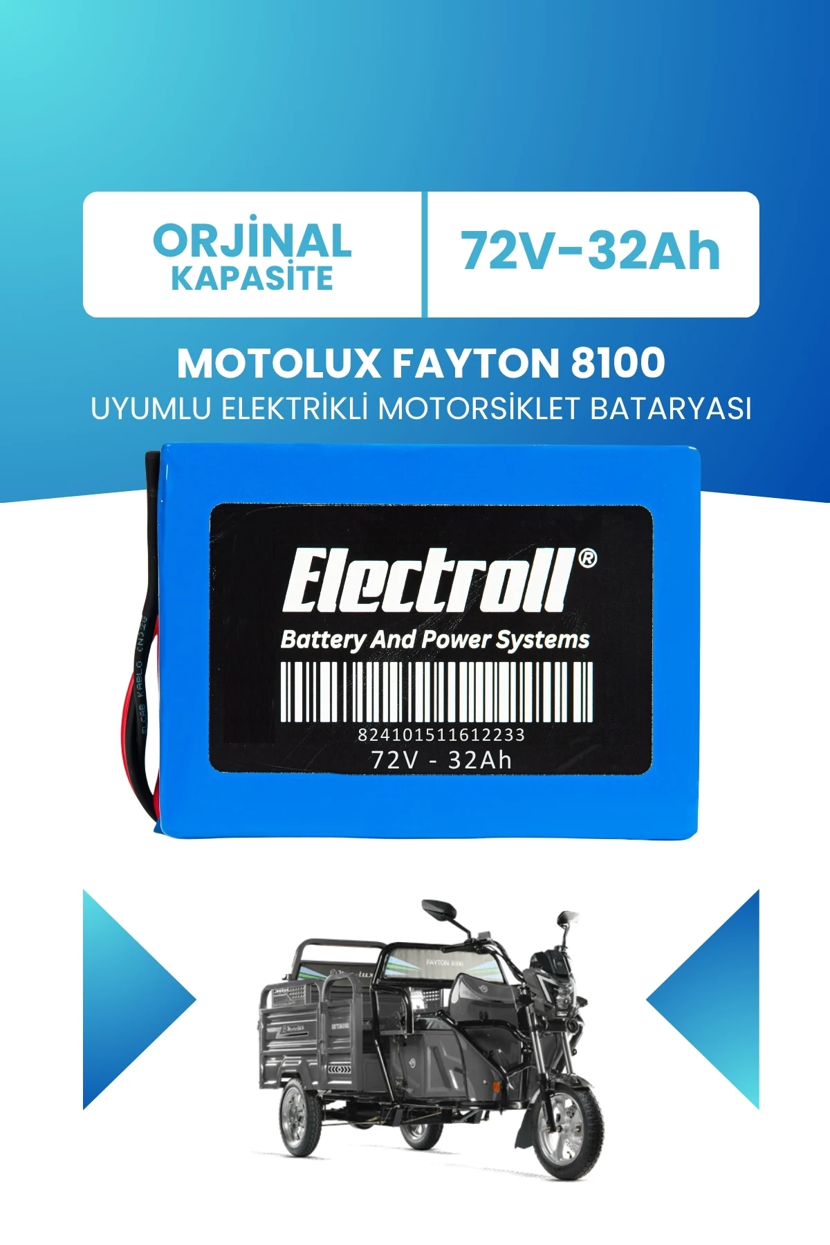 Motolux Fayton 8100 Uyumlu Batarya (Standart Kapasite) LiFePO4 72V 32Ah Elektrikli Motorsiklet Bataryası