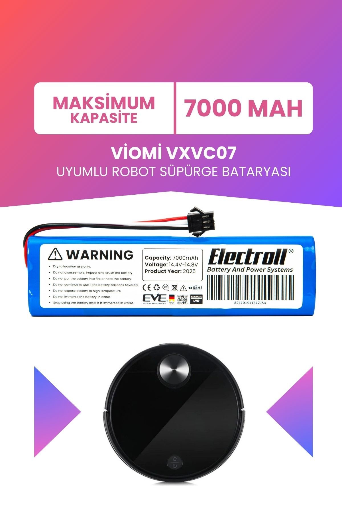 Viomi Vxvc07 Uyumlu Batarya (MAKSİMUM KAPASİTE) 7000mah Pil Robot Süpürge Bataryası Değişimi