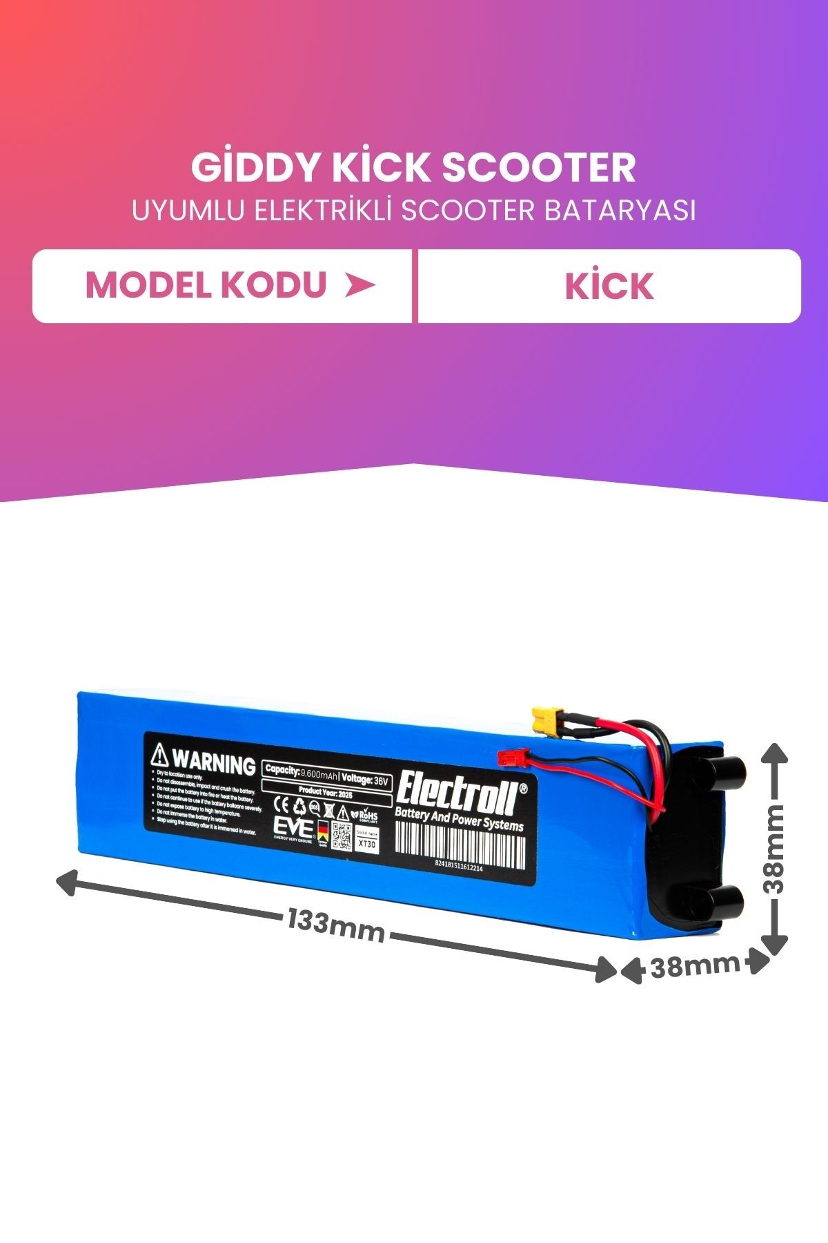 Giddy Kick Scooter Uyumlu Batarya (ULTRA YÜKSEK KAPASİTE) 36v 9600mah Elektrikli Scooter Bataryası