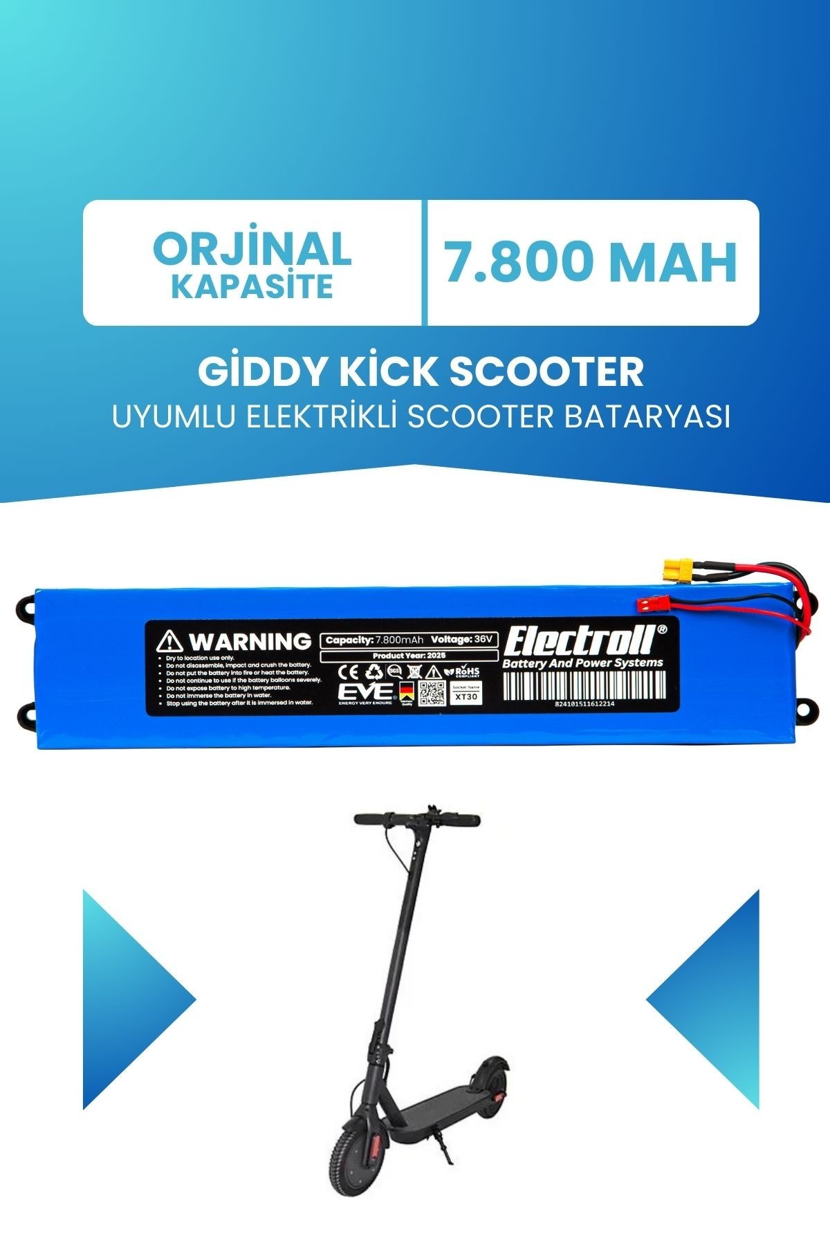 Giddy Kick Scooter Uyumlu Batarya (ORJİNAL KAPASİTE) 36v 7800mah Elektrikli Scooter Bataryası