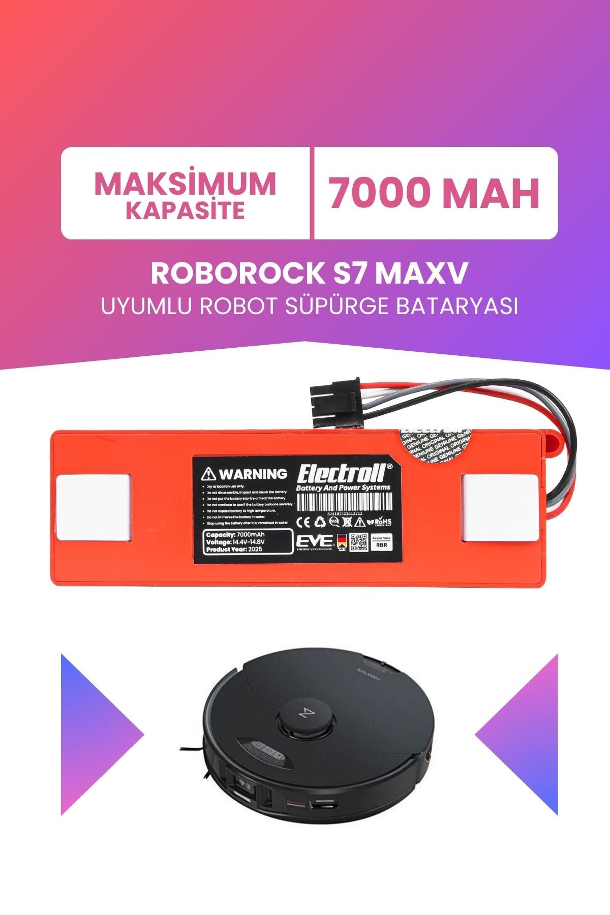 Roborock S7 MaxV Uyumlu Batarya (MAKSİMUM KAPASİTE) 7000mah Kutulu Robot Süpürge Pil Değişimi