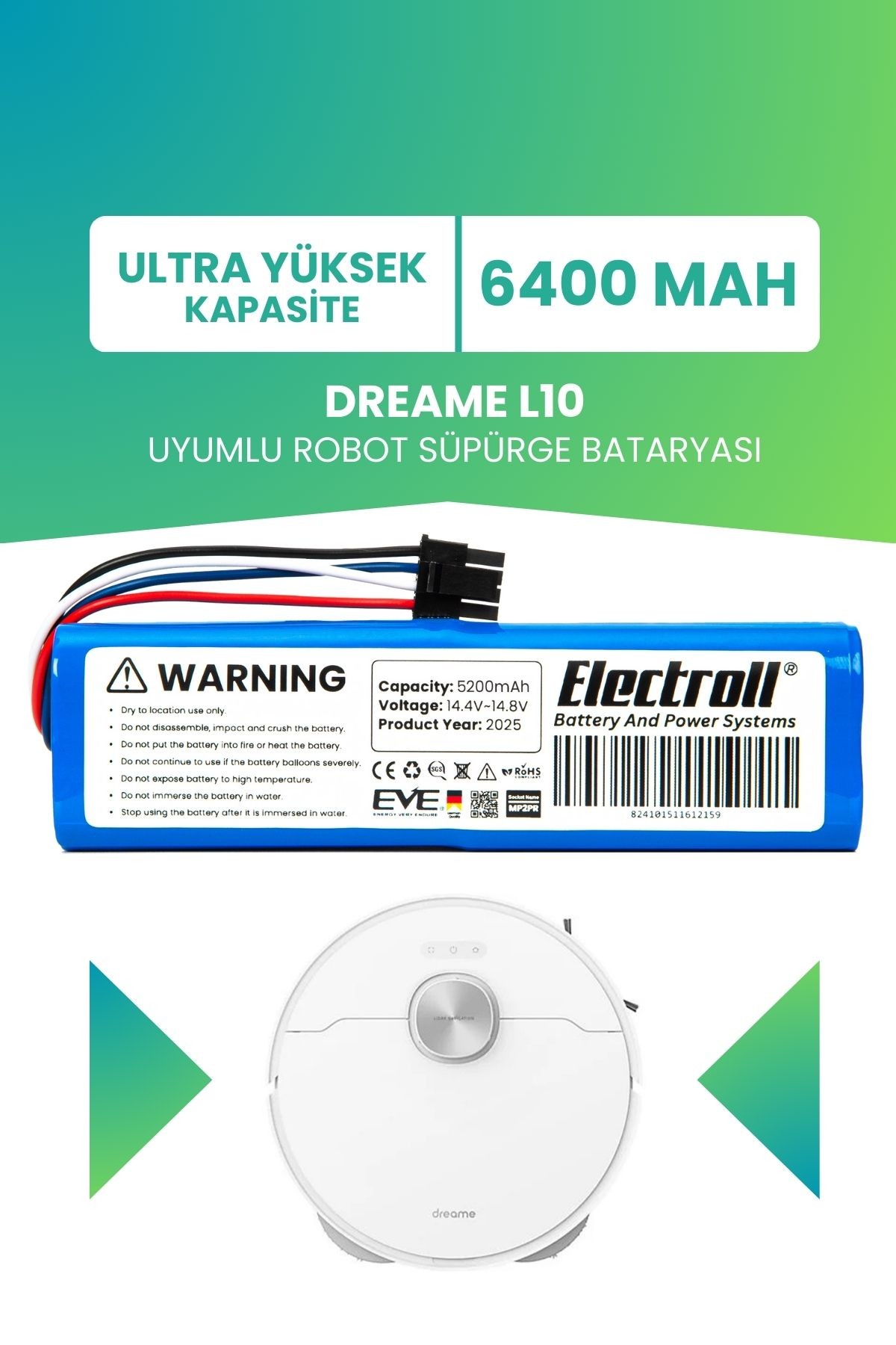 Dreame L10 Uyumlu Batarya (ULTRA YÜKSEK KAPASİTE) 6400mah Pil Robot Süpürge Bataryası Değişimi
