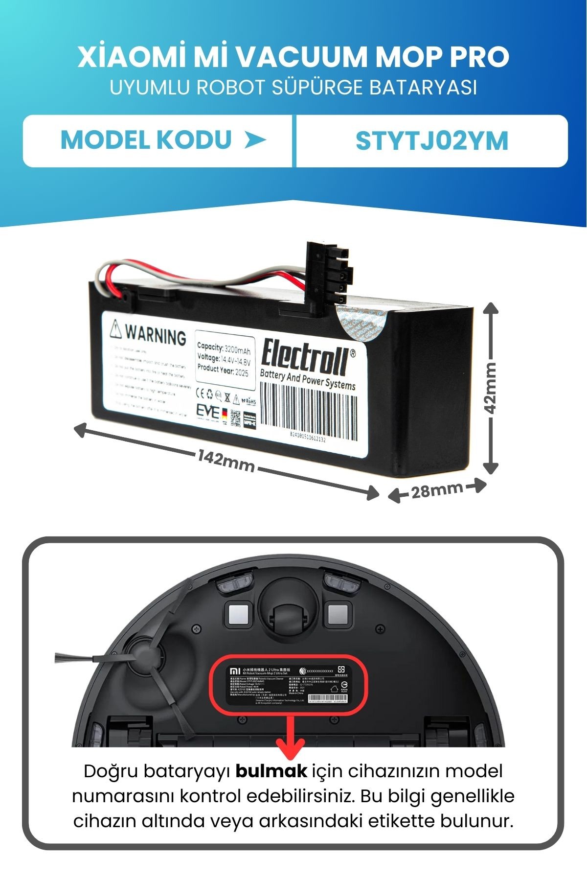 Xiaomi Mi Vacuum Mop Pro Stytj02ym Uyumlu Batarya (ORJİNAL KAPASİTE) 3200mah Kutulu Pil