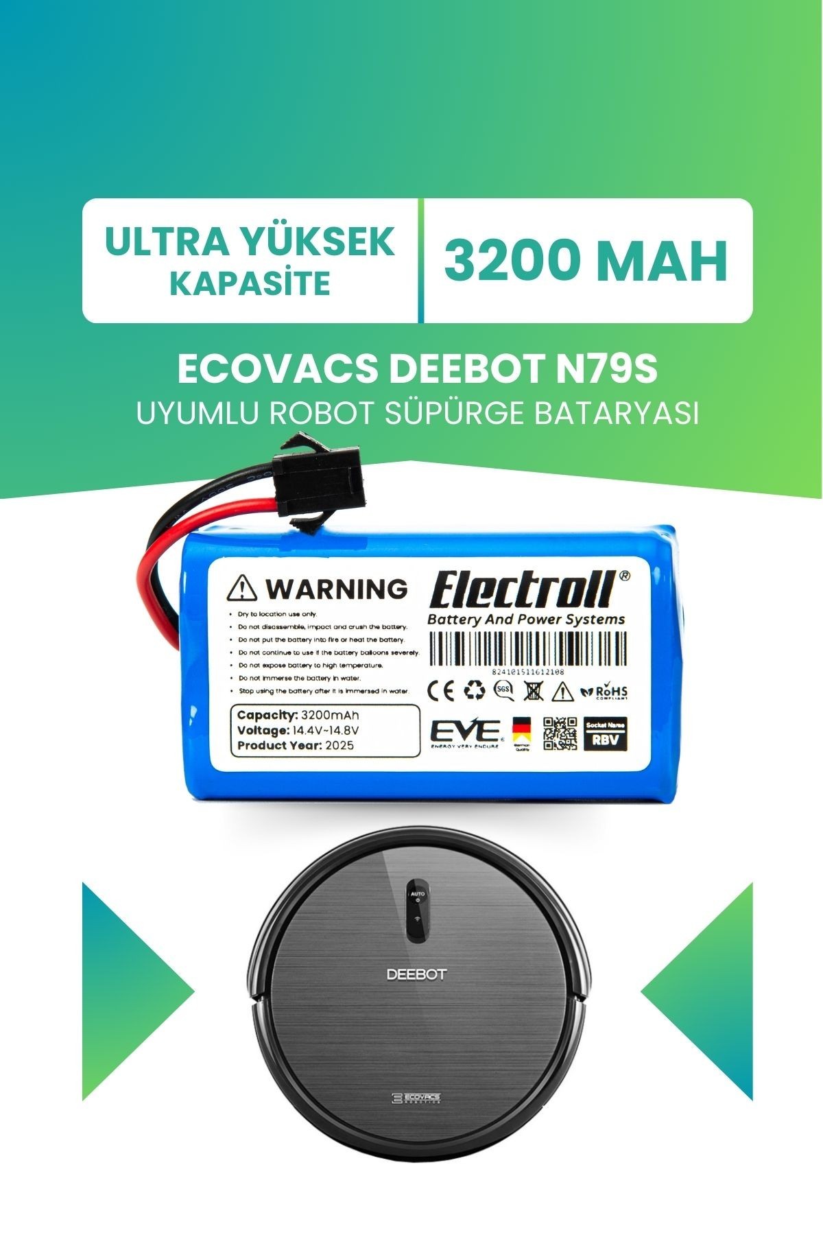 Ecovacs Deebot N79s Uyumlu Batarya (ULTRA YÜKSEK KAPASİTE) 3200mah Pil Robot Süpürge Bataryası