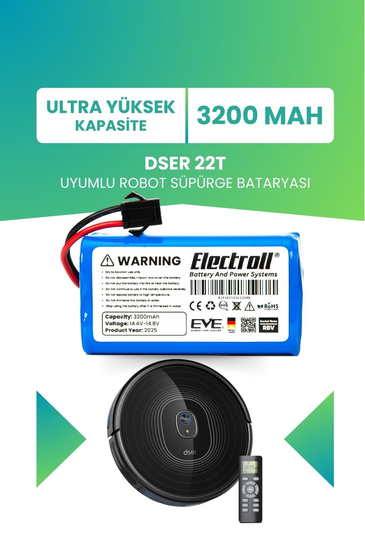 Dser 22t Uyumlu Batarya (ULTRA YÜKSEK KAPASİTE) 3200mah Pil Robot Süpürge Bataryası