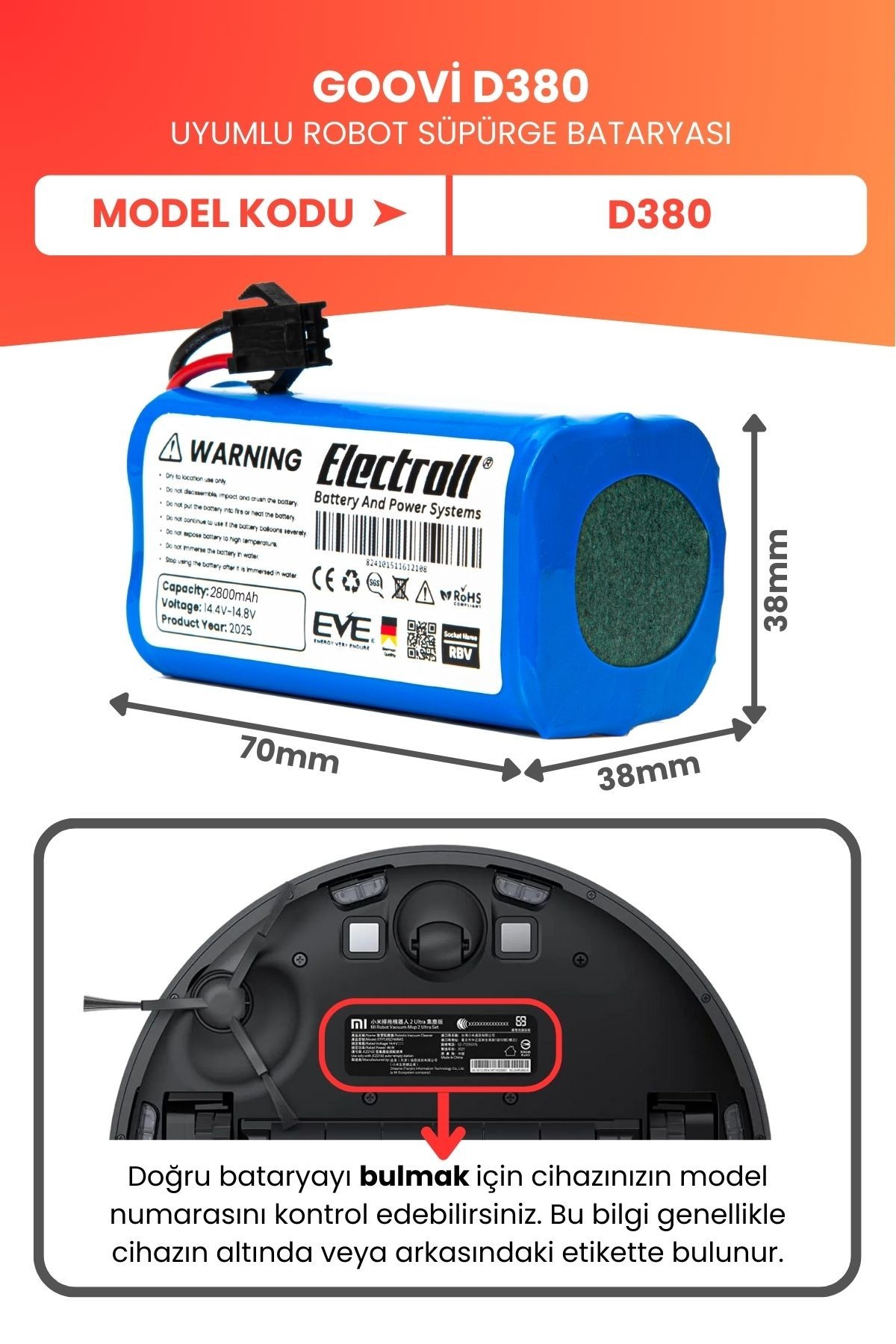 Goovi D380 Uyumlu Batarya (YÜKSEK KAPASİTE) 2800mah Pil Robot Süpürge Bataryası