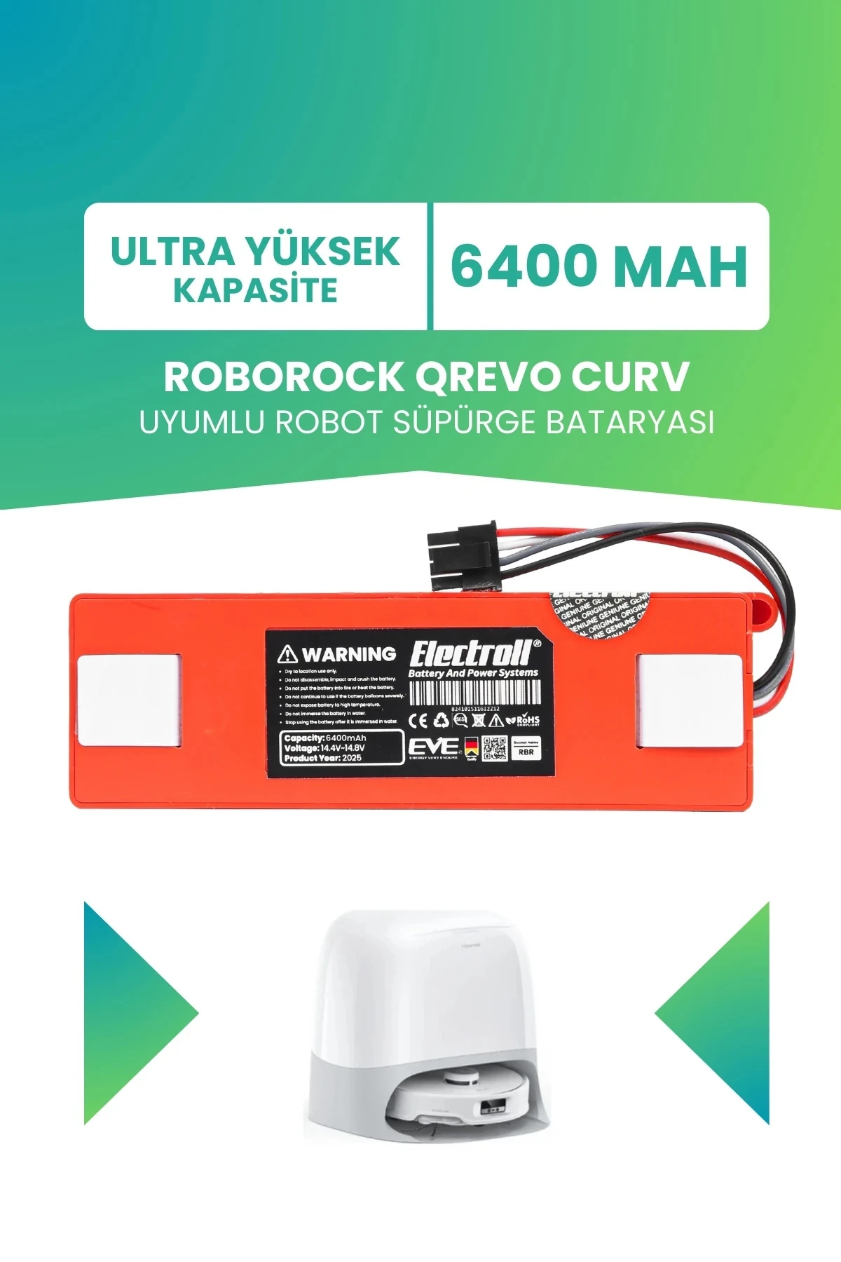 ROBOROCK QREVO CURV Uyumlu Batarya (Ultra yüksek Kapasite) 6400MAH Pil Robot Süpürge Batarya Değişimi
