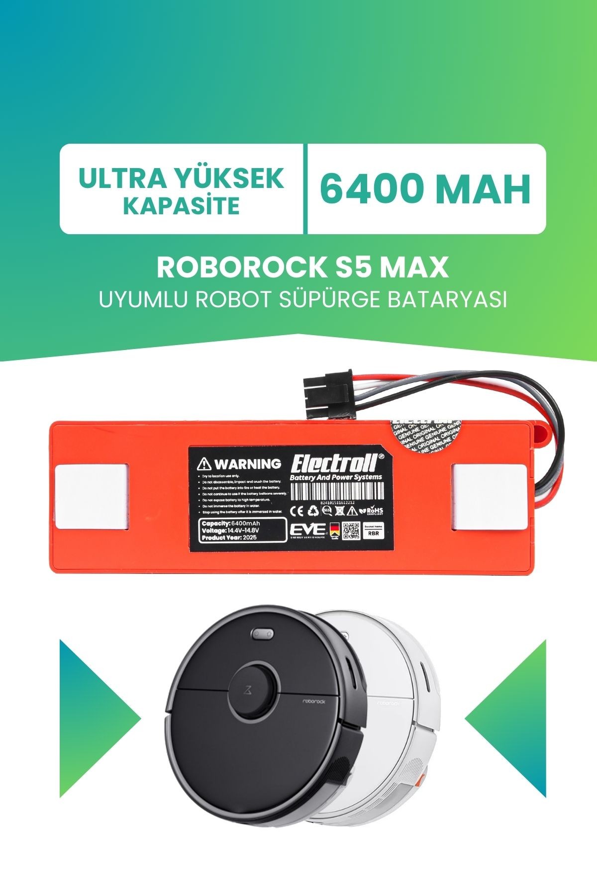 Roborock S5 Max Uyumlu Batarya (ULTRA YÜKSEK KAPASİTE) 6400mah Robot Süpürge Bataryası Değişimi