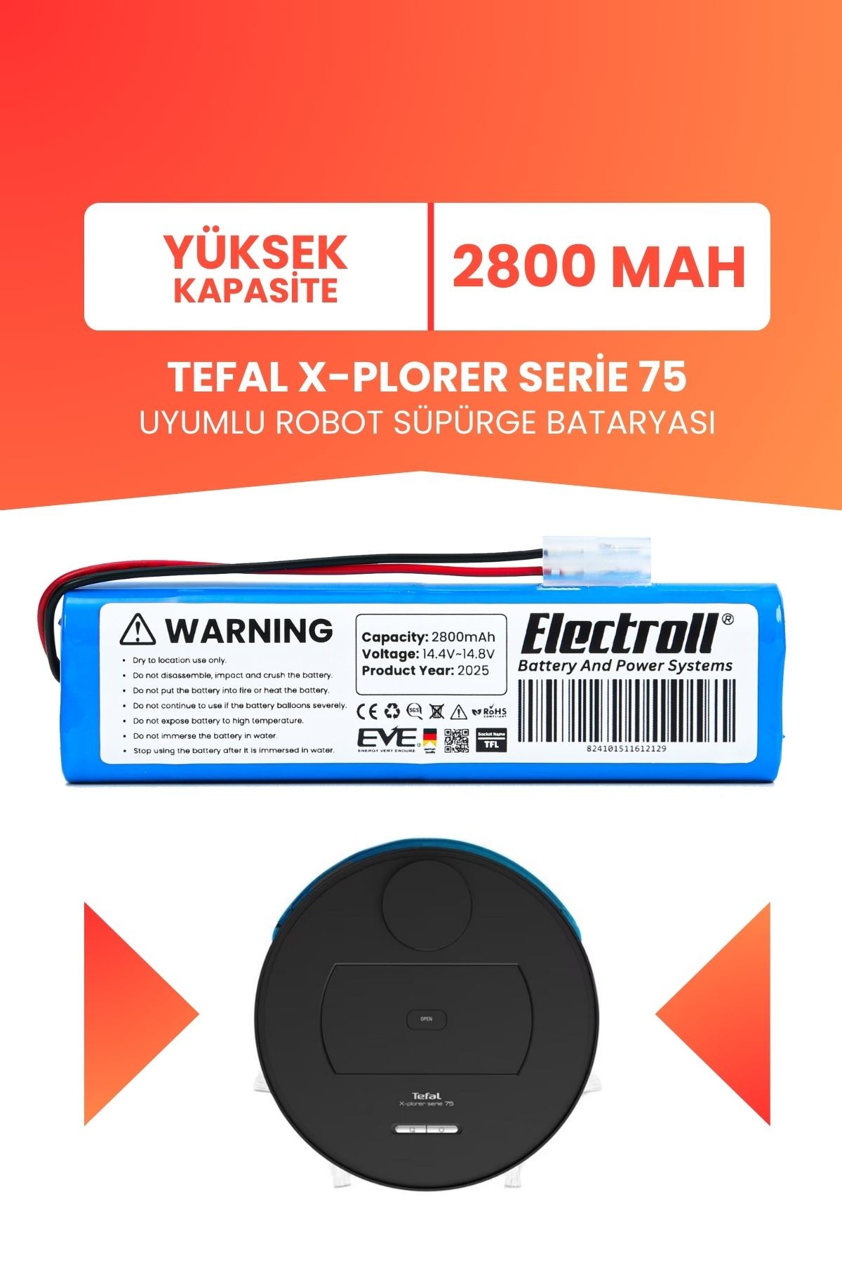 Tefal X-Plorer Serie 75 Uyumlu Batarya (YÜKSEK KAPASİTE) 2800mah Pil Robot Süpürge Bataryası RG7675