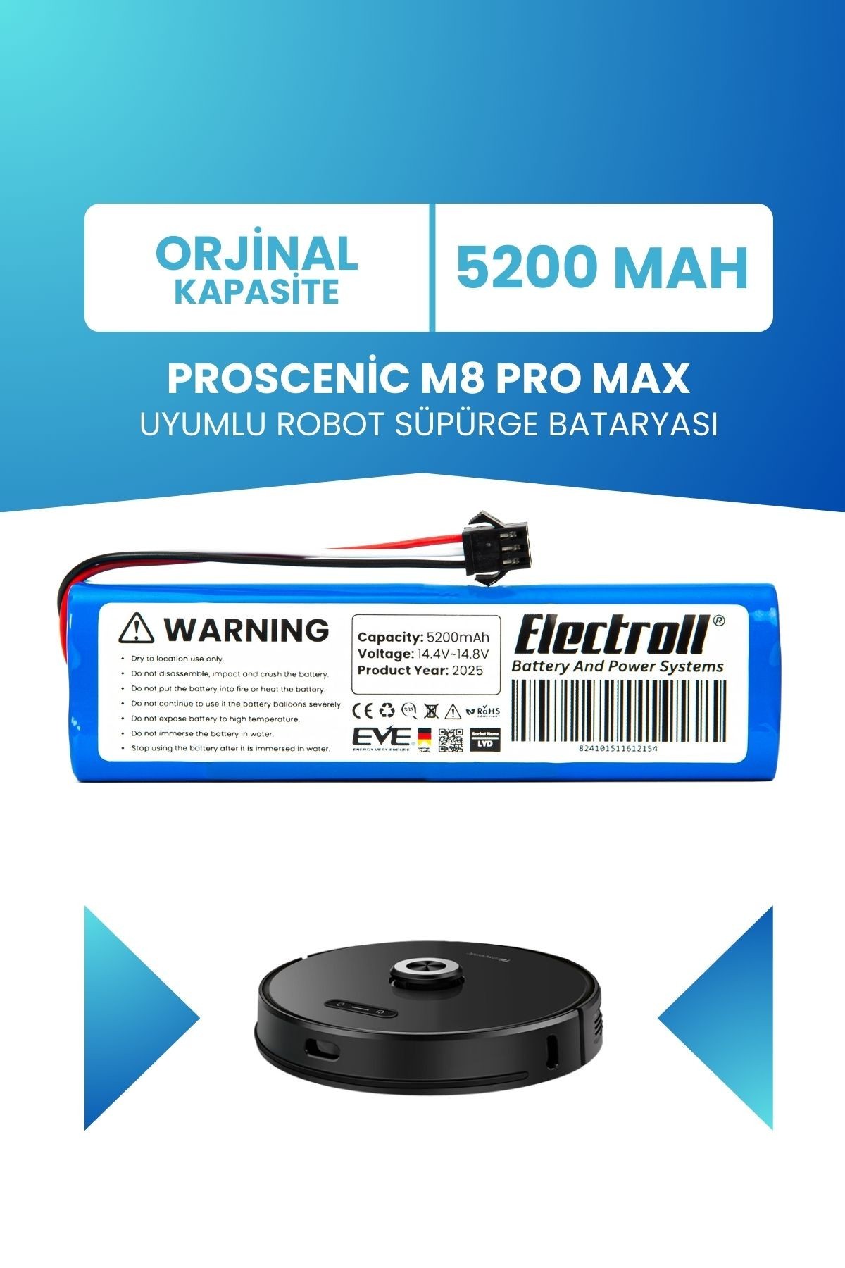 Proscenic M8 Pro Max Uyumlu Batarya (ORJİNAL KAPASİTE) 5200mah Pil Robot Süpürge Bataryası Değişimi