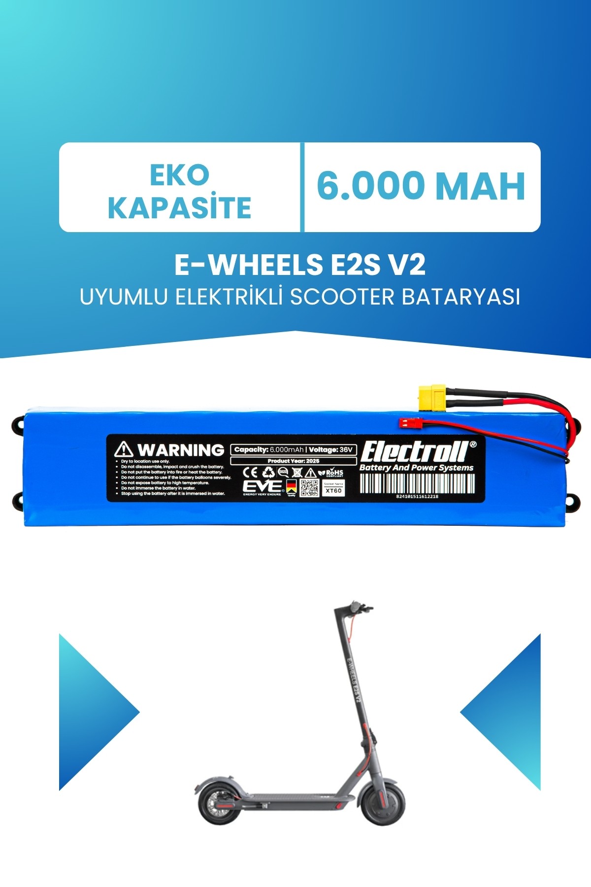 E-Wheels E2s V2 Uyumlu Batarya (Eko Kapasite) 36v 6.000Mah Elektrikli Scooter Bataryası