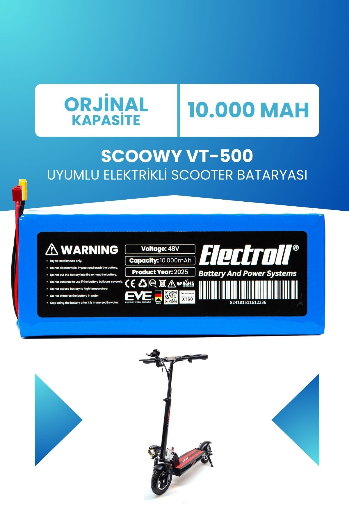 Scoowy Vt-500 Batarya (ORJİNAL KAPASİTE) 48v 10.000mah Batarya Elektrikli Scooter Bataryası