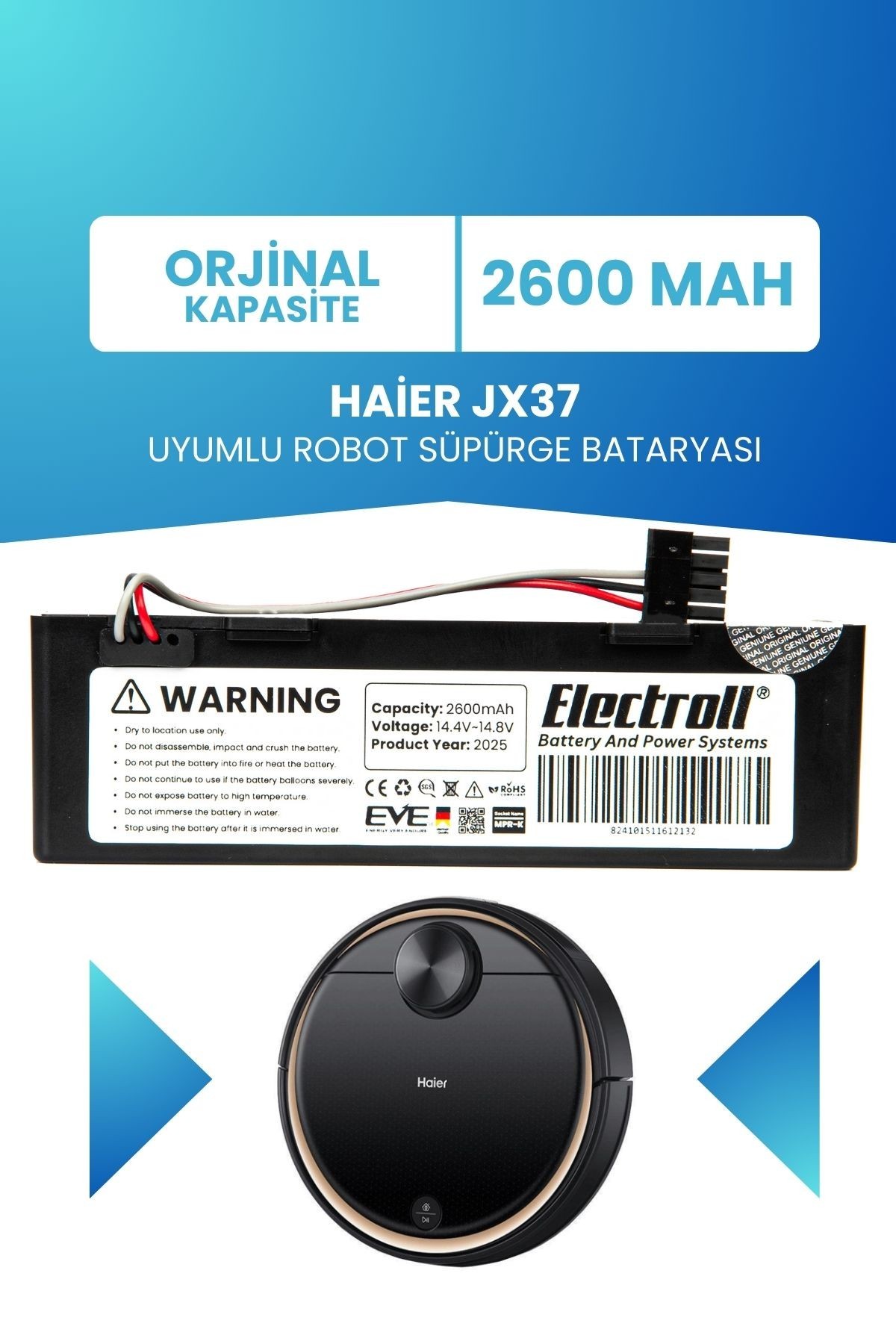 Haier Jx37 Uyumlu Batarya (ORJİNAL KAPASİTE) 2600mah Pil Kutulu Robot Süpürge Bataryası Değişimi