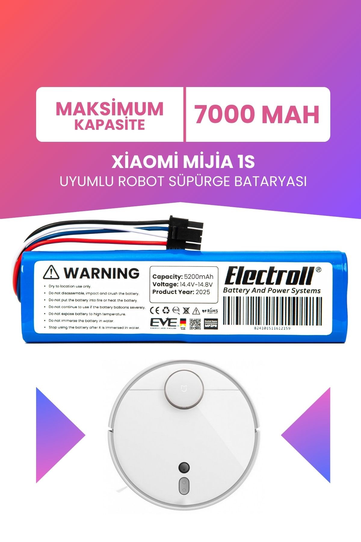 Xiaomi Mijia 1s Uyumlu Batarya (MEGA KAPASİTE) 7000mah Pil Robot Süpürge Bataryası Değişimi
