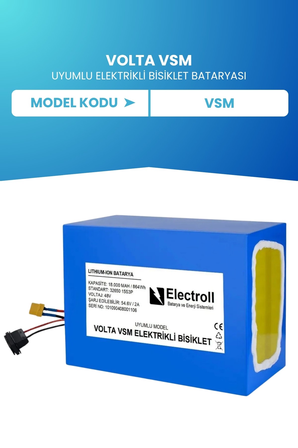 Volta VSM 48V 18 Ah LifePO4 (Elektrikli Bisiklet için Akü) + 5A LiFePo4 Şarj Cihazı Hediyeli
