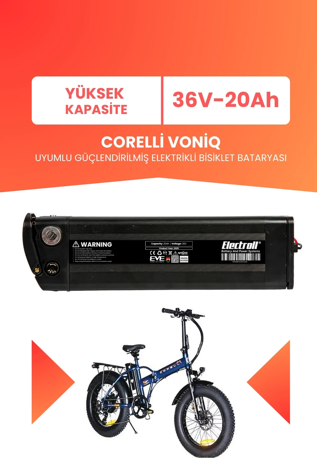 Corelli Voniq Uyumlu 36V 20Ah (Yüksek Kapasite) Güçlendirilmiş Elektrikli Bisiklet Batarya Tamir, Revizyon ve Pil Yenileme