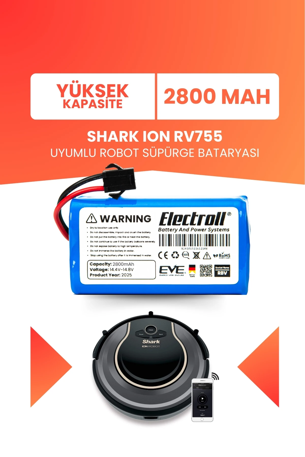 Shark Ion Rv755 Uyumlu Batarya (YÜKSEK KAPASİTE) 2800mah Pil Robot Süpürge Bataryası