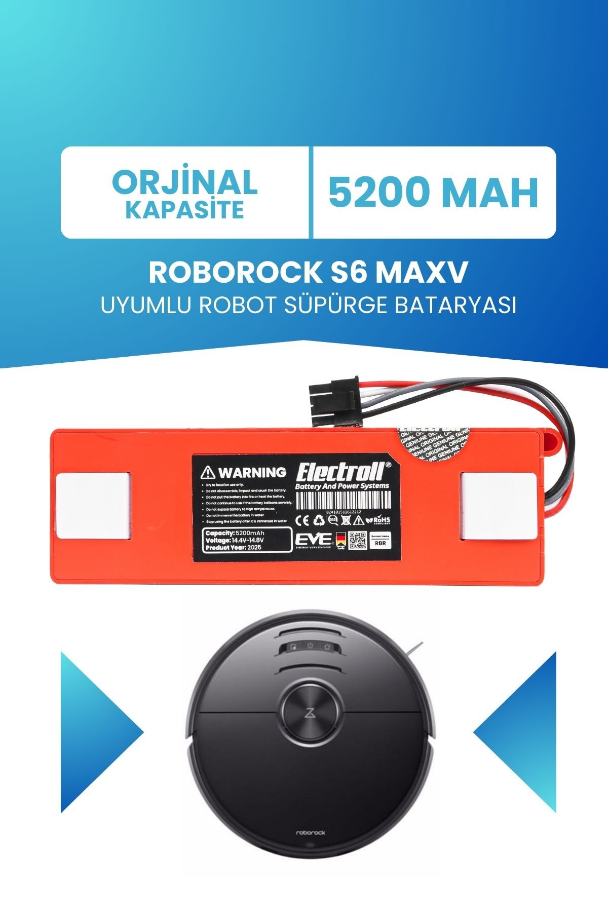 Roborock S6 Maxv Uyumlu Batarya (ORJİNAL KAPASİTE) 5200mah Kutulu Robot Süpürge Pil Değişimi