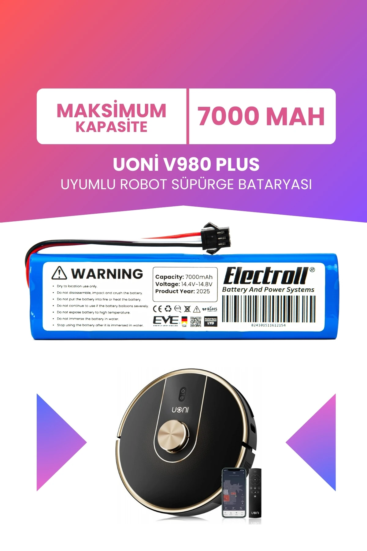 Uoni V980 Plus Uyumlu Batarya (MAKSİMUM KAPASİTE) 7000mah Pil Robot Süpürge Bataryası Değişimi