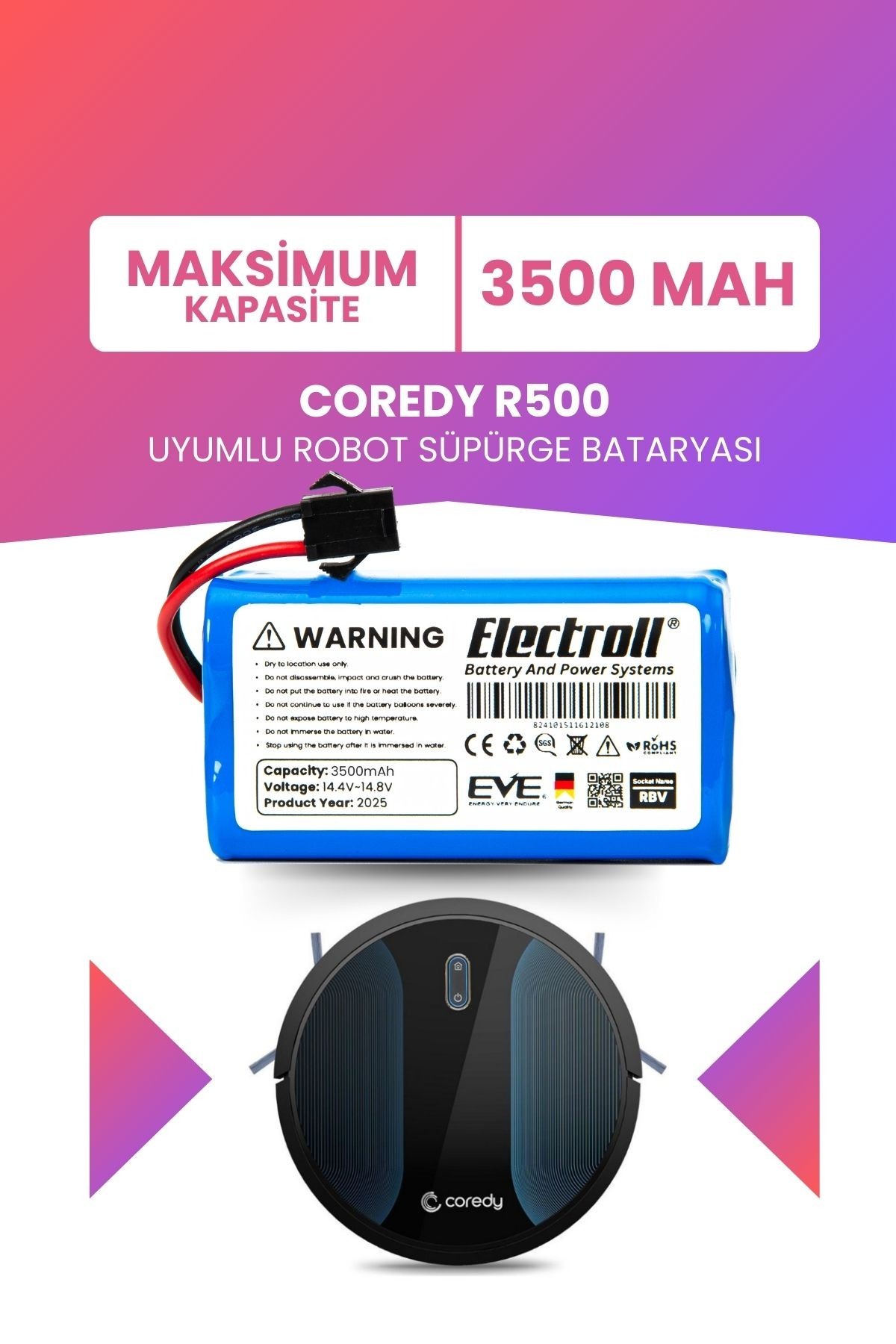 Coredy R500 Uyumlu Batarya (MAKSİMUM KAPASİTE) 3500mah Pil Akıllı Robot Süpürge Bataryası