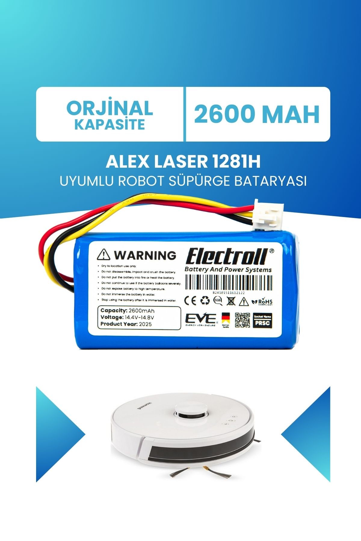 Alex Laser 1281h Uyumlu Batarya (ORJİNAL KAPASİTE) 2600mah Pil Robot Süpürge Bataryası Değişimi