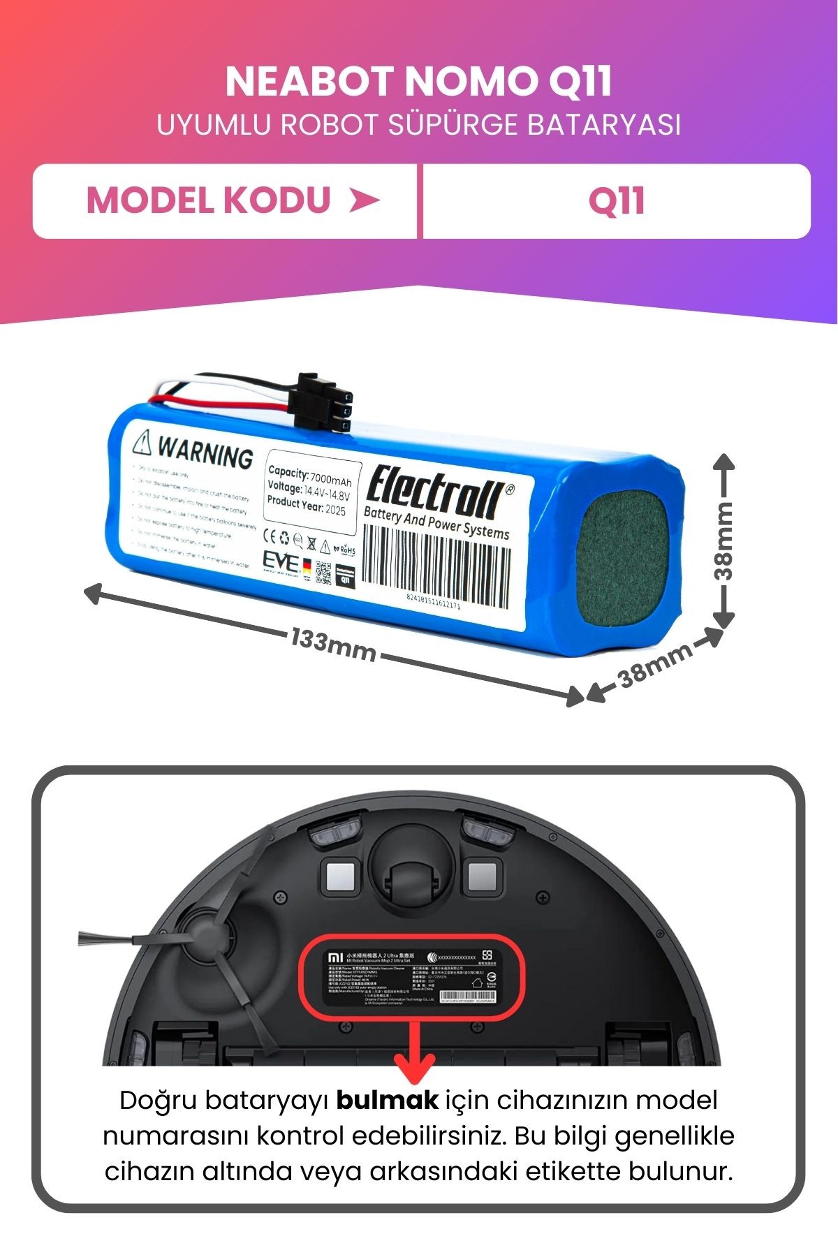 Neabot Nomo Q11 Uyumlu Batarya (MAKSİMUM KAPASİTE) 7000mah Pil Robot Süpürge Bataryası Değişimi