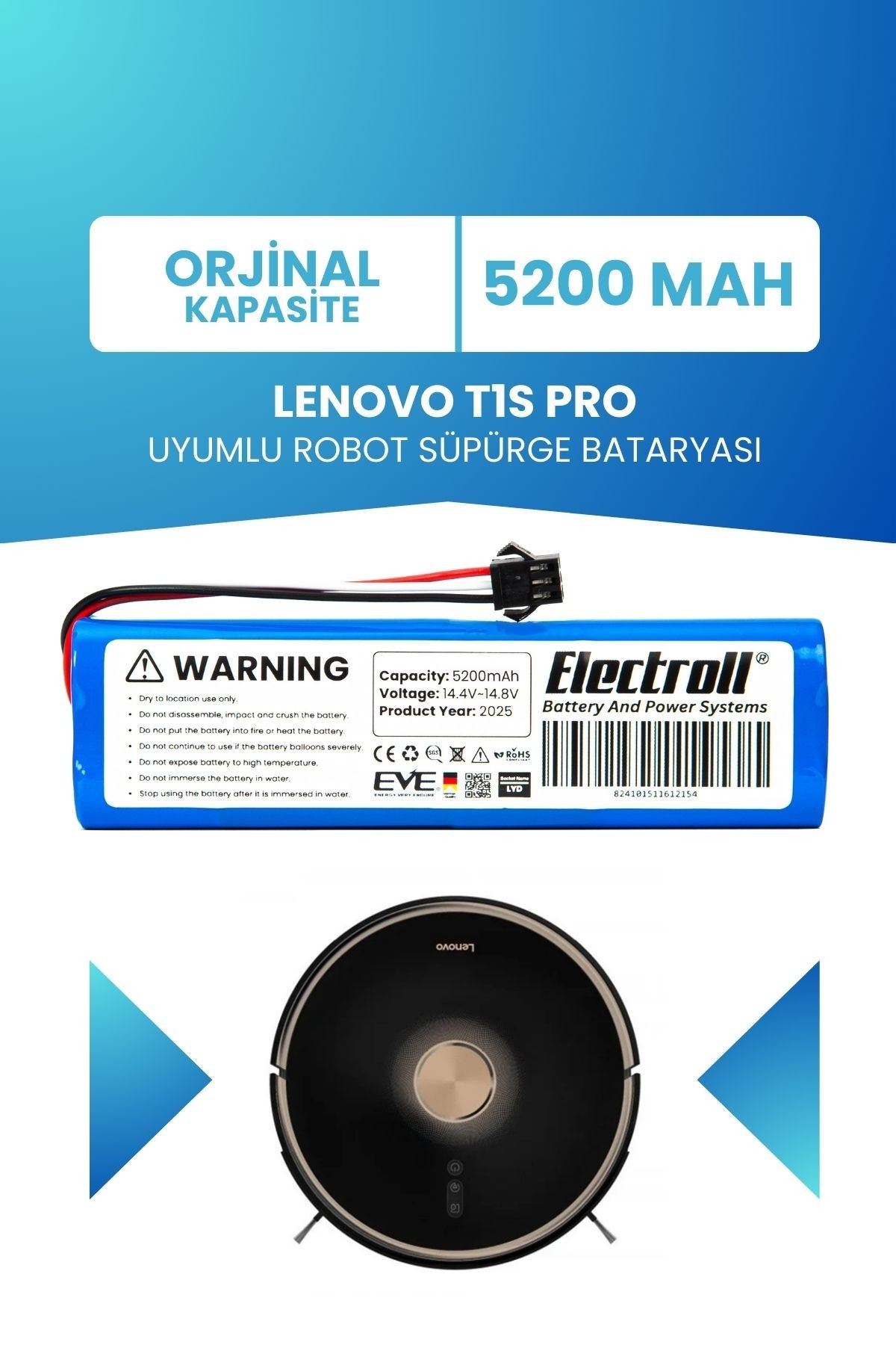 Lenovo T1s Pro Uyumlu Batarya (ORJİNAL KAPASİTE) 5200mah Pil Robot Süpürge Bataryası Değişimi