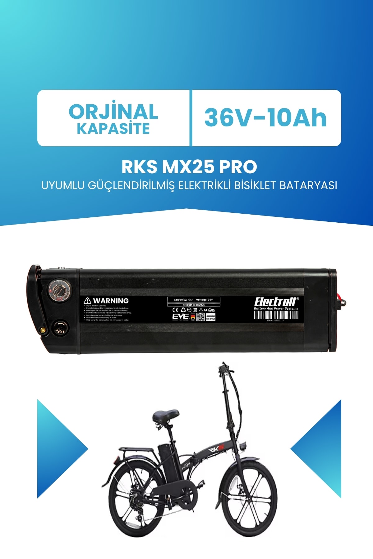 RKS MX25 PRO Uyumlu Güçlendirilmiş Elektrikli Bisiklet Bataryası