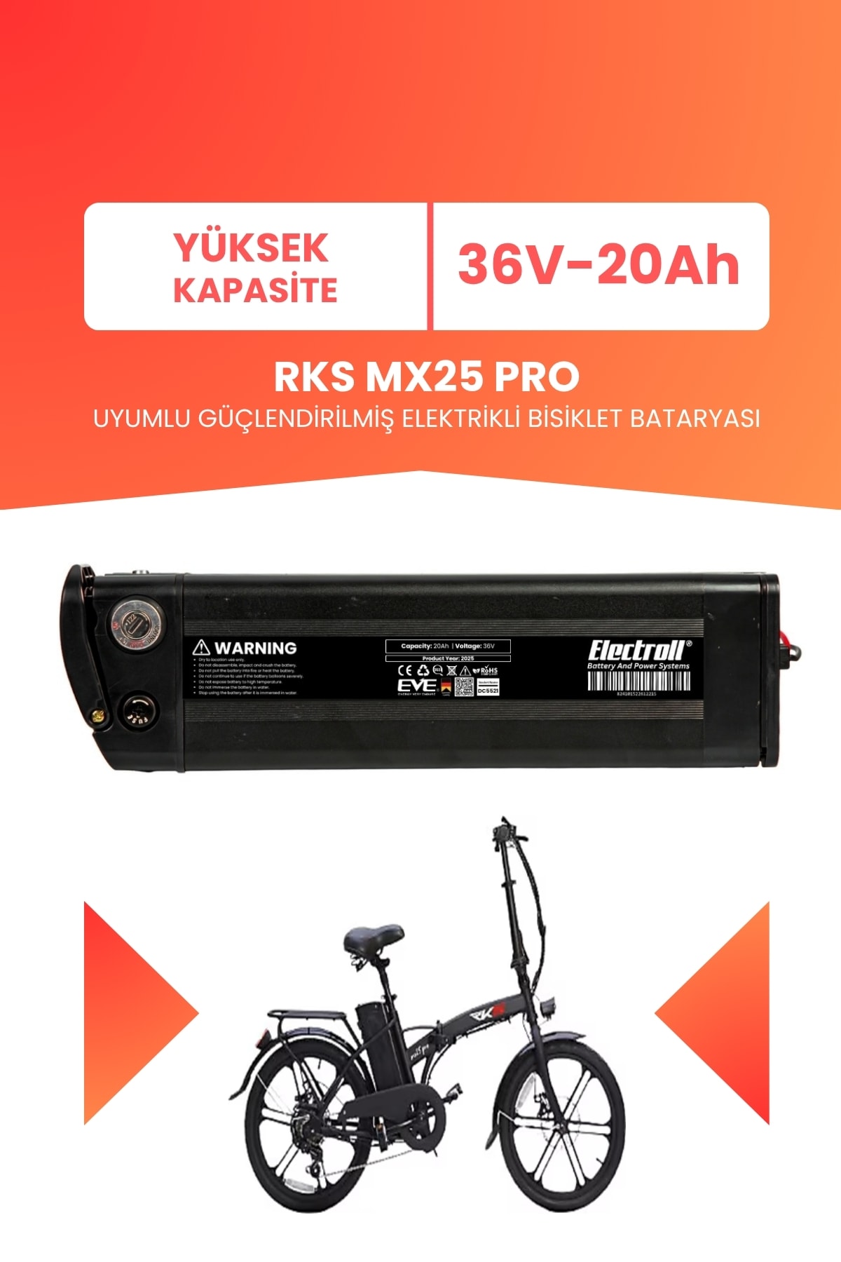 RKS MX25 PRO Uyumlu 36V 20Ah (Yüksek Kapasite) Güçlendirilmiş Elektrikli Bisiklet Batarya Tamir, Revizyon ve Pil Yenileme