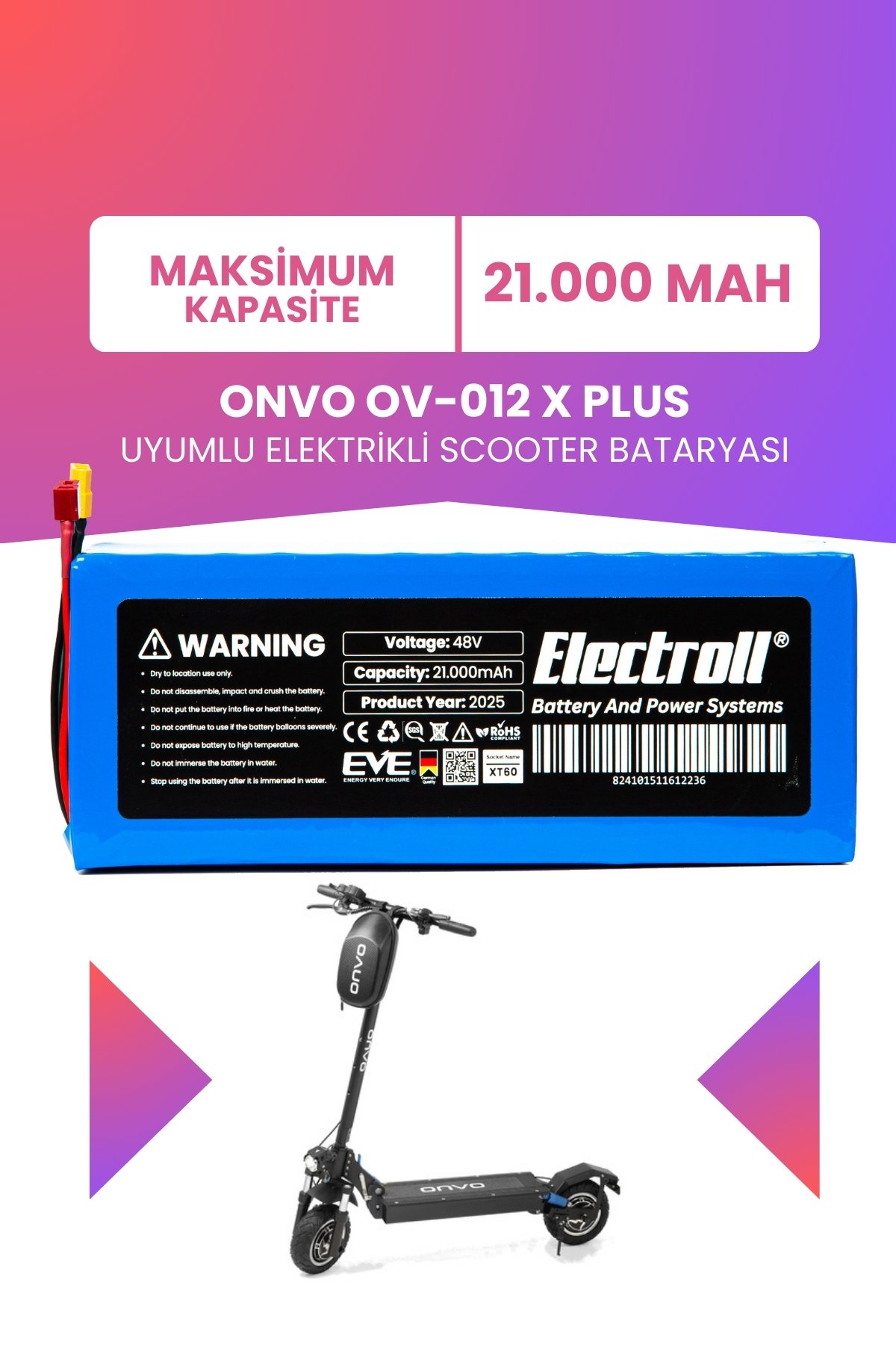 Onvo Ov-012 X Plus (MAKSİMUM KAPASİTE) Batarya 48v 21ah Pil Elektrikli Scooter Bataryası