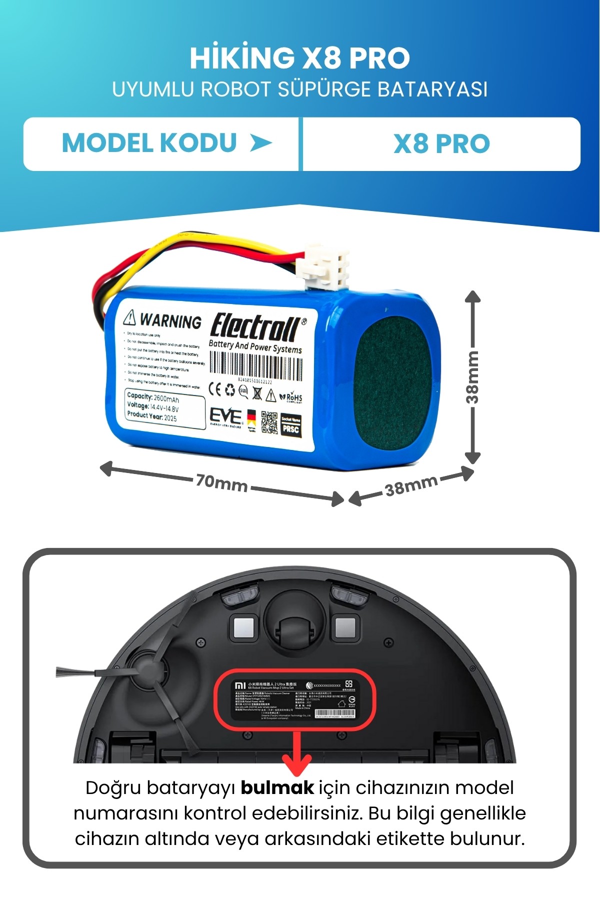 Hiking X8 Pro Uyumlu Batarya (STANDART KAPASİTE) 2600mah Pil Robot Süpürge Bataryası