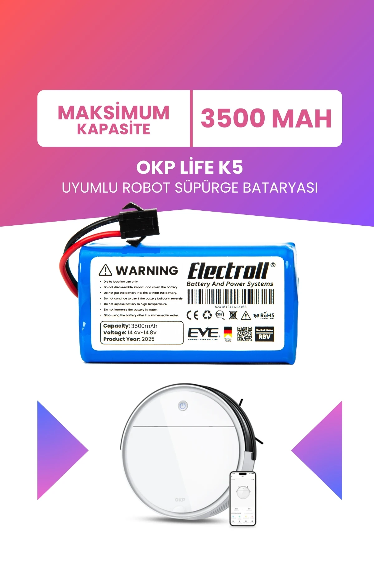 Okp Life K5 Uyumlu Batarya (MAKSİMUM KAPASİTE) 3500mah Pil Robot Süpürge Bataryası