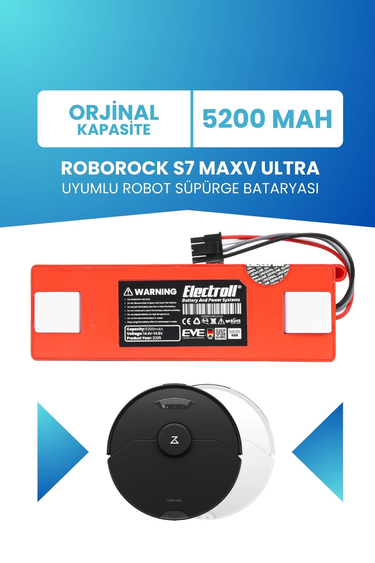 Roborock S7 Maxv Ultra Uyumlu Batarya (ORJİNAL KAPASİTE) 5200mah Pil Kutulu Robot Süpürge Bataryası