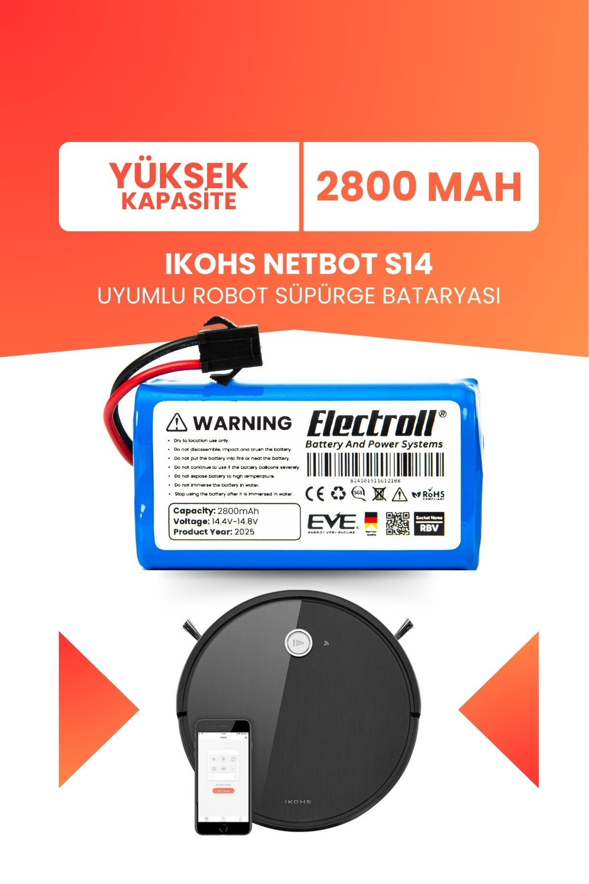 Ikohs Netbot S14 Uyumlu Batarya (YÜKSEK KAPASİTE) 2800mah Pil Robot Süpürge Bataryası