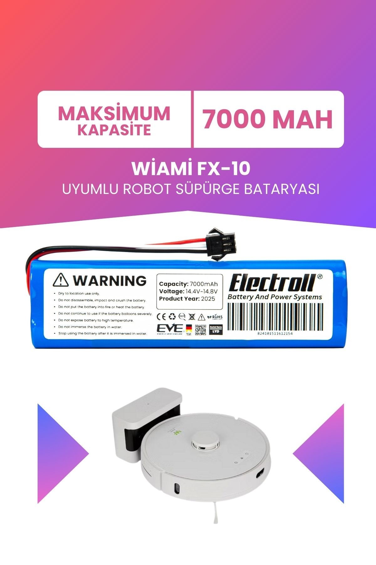 Wiami Fx-10 Uyumlu Batarya (MAKSİMUM KAPASİTE) 7000mah Pil Robot Süpürge Bataryası Değişimi