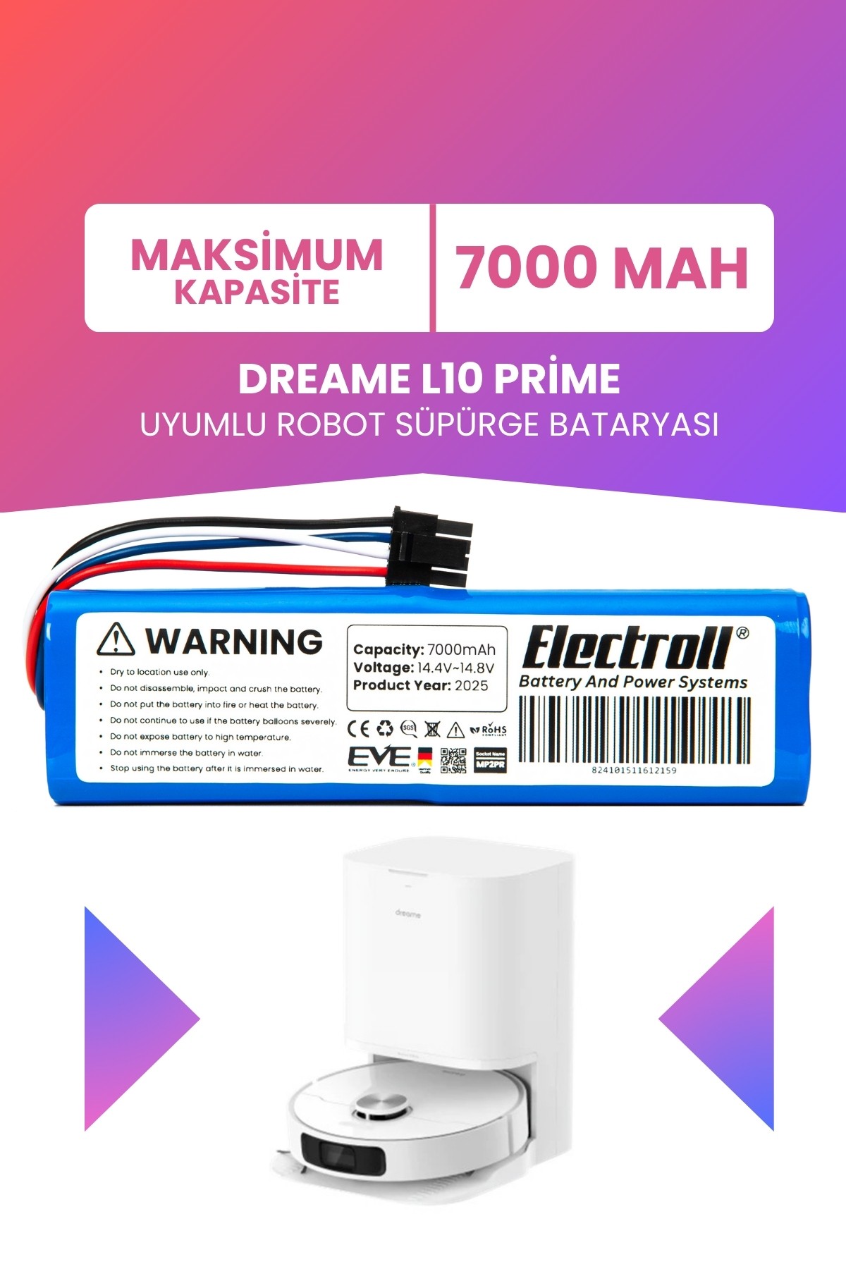 Dreame L10 Prime Uyumlu Batarya (MAKSİMUM KAPASİTE) 7000mah Robot Süpürge Bataryası