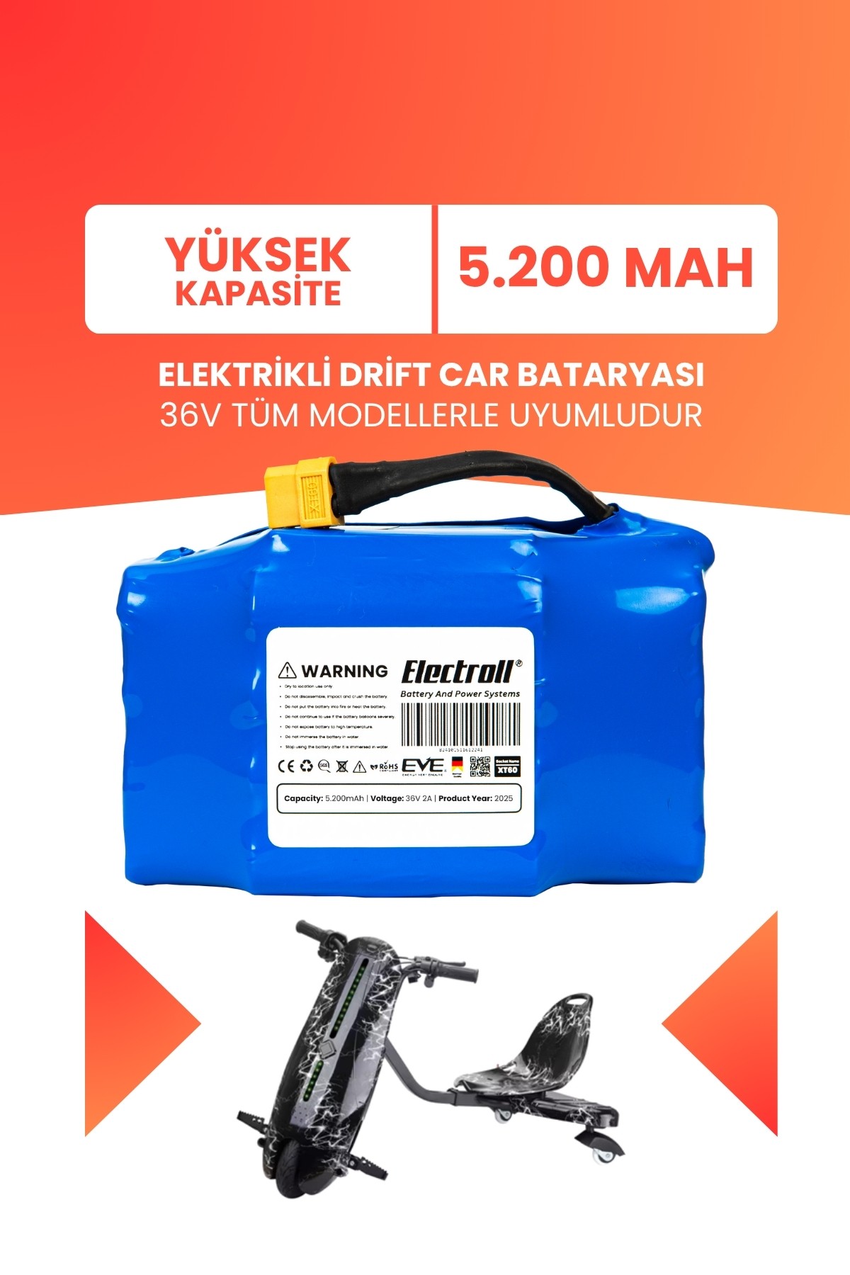 Drift Car Bataryası 36v 5.200mah (YÜKSEK KAPASİTE) Güçlendirilmiş Batarya