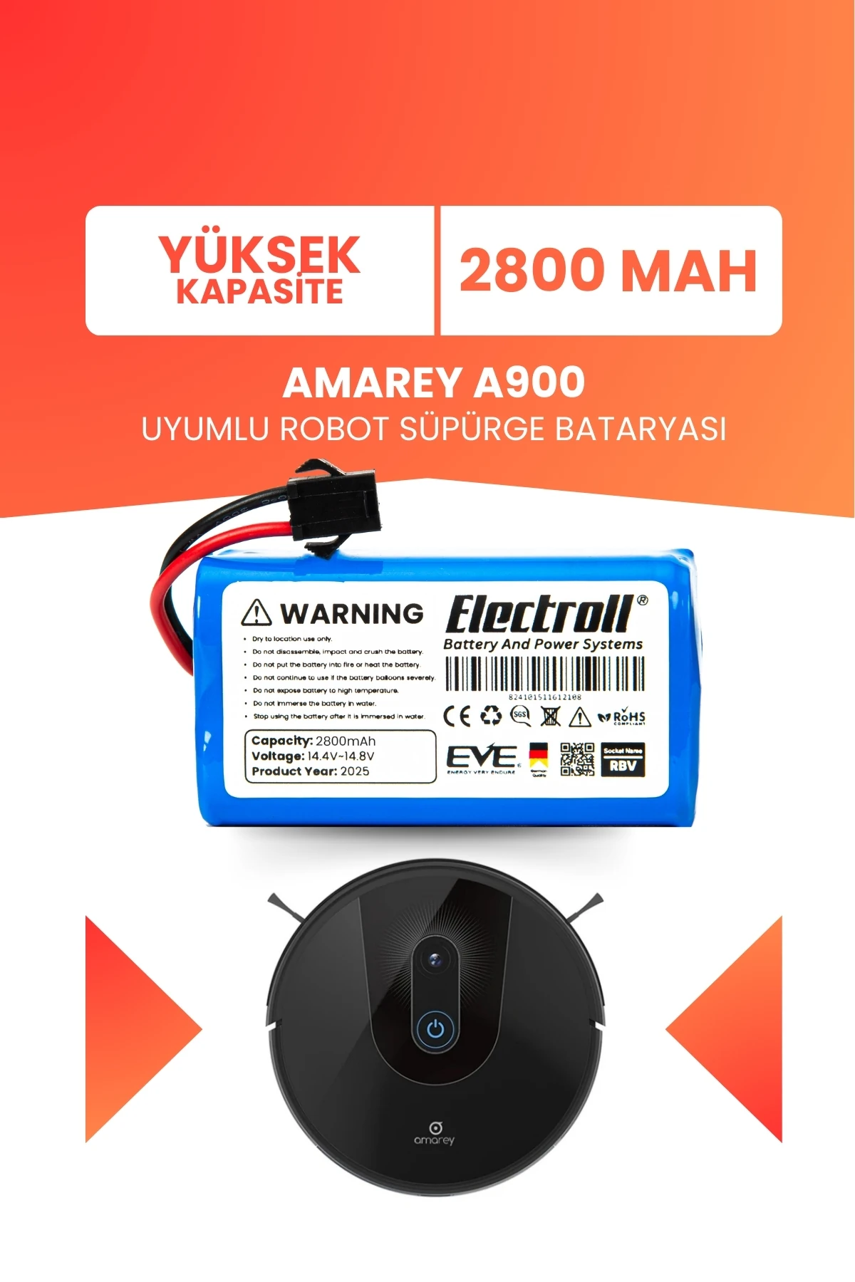 Amarey A900 Uyumlu Batarya (YÜKSEK KAPASİTE) 2800mah Pil Akıllı Robot Süpürge Bataryası