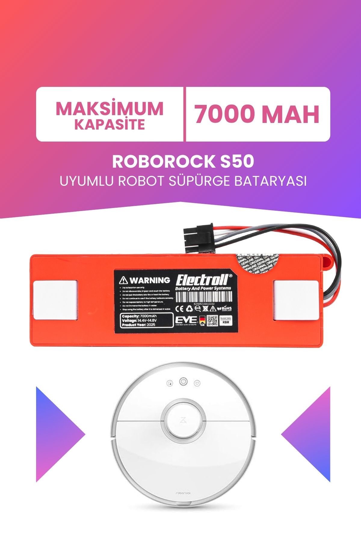 Roborock S50 Uyumlu Batarya (MAKSİMUM KAPASİTE) 7000mah Pil Kutulu Robot Süpürge Bataryası Değişimi