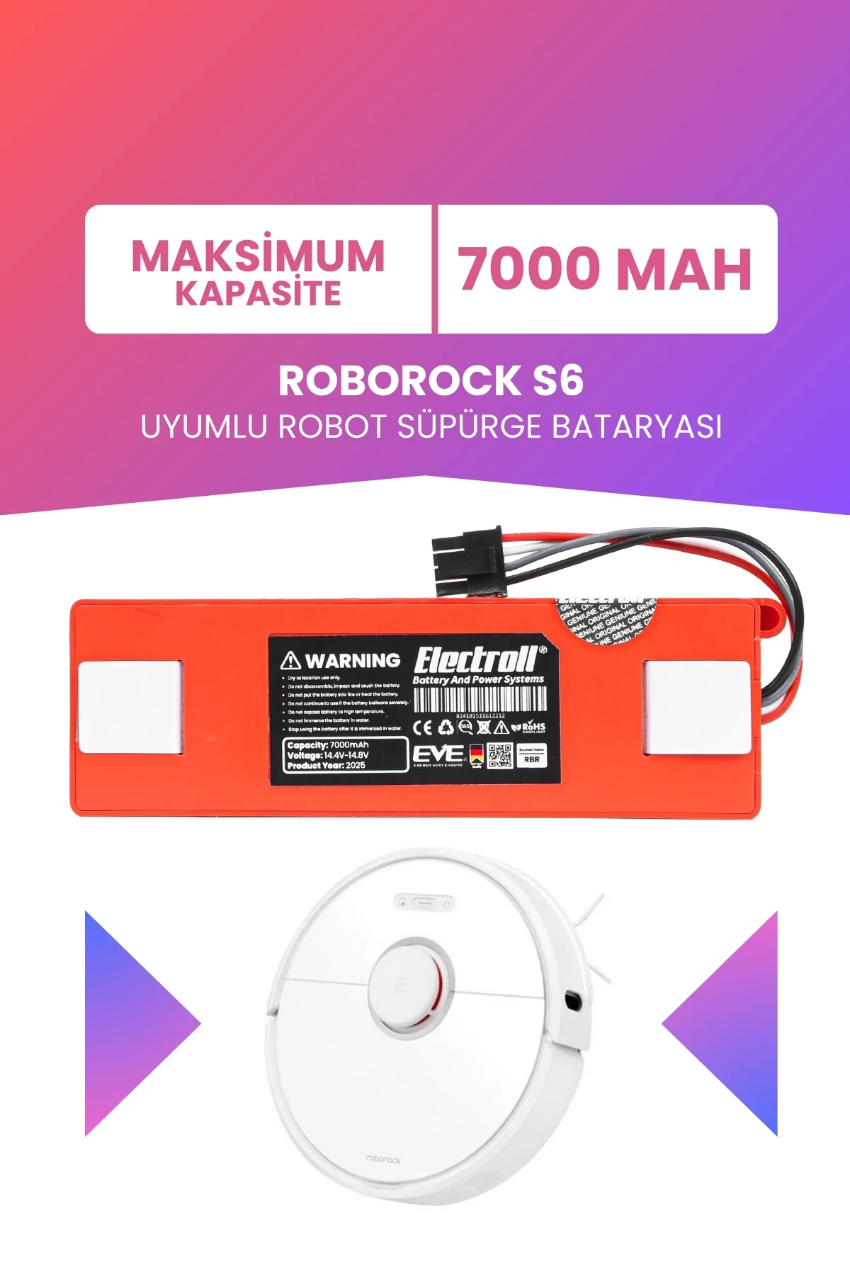 Roborock S6 Uyumlu Batarya (MAKSİMUM KAPASİTE) 7000mah Kutulu Robot Süpürge Pil Değişimi