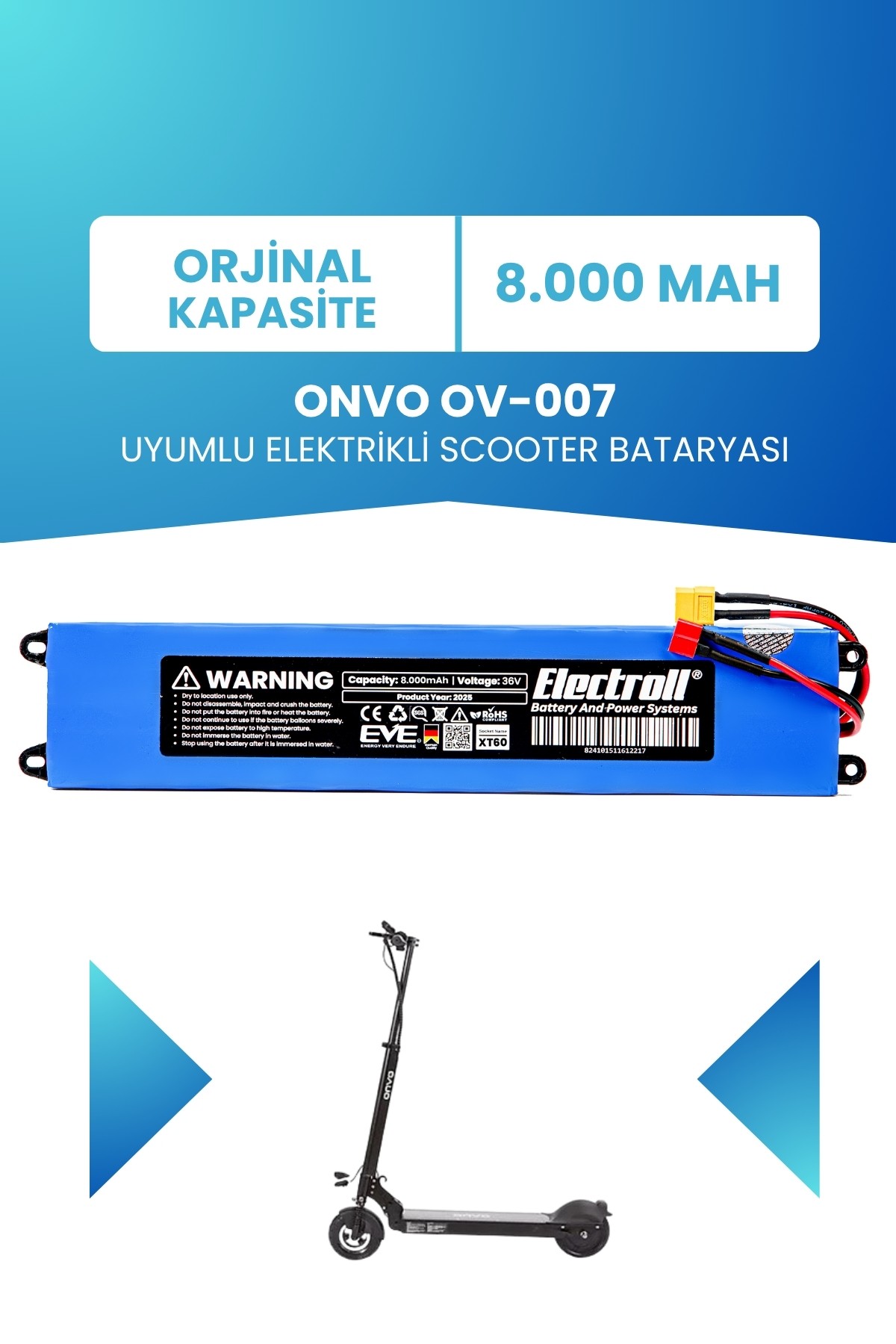 Onvo Ov-007 Uyumlu Batarya (ORJİNAL KAPASİTE) 36v 8000mah Pil Elektrikli Scooter Bataryası Değişimi