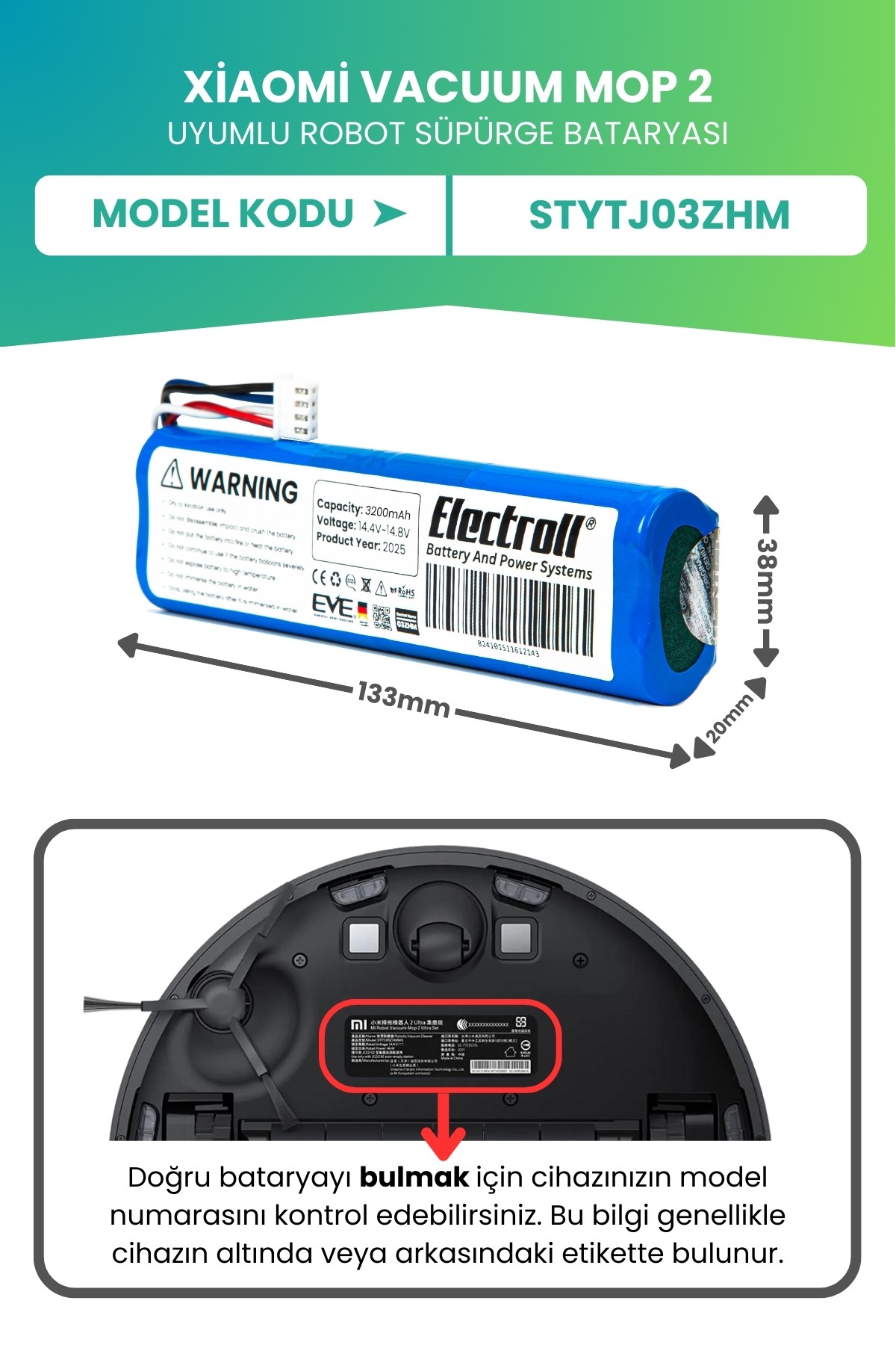 Xiaomi Vacuum Mop 2 (STYTJ03ZHM) Uyumlu Batarya (ULTRA YÜKSEK KAPASİTE) 3200mah Robot Süpürge Pili