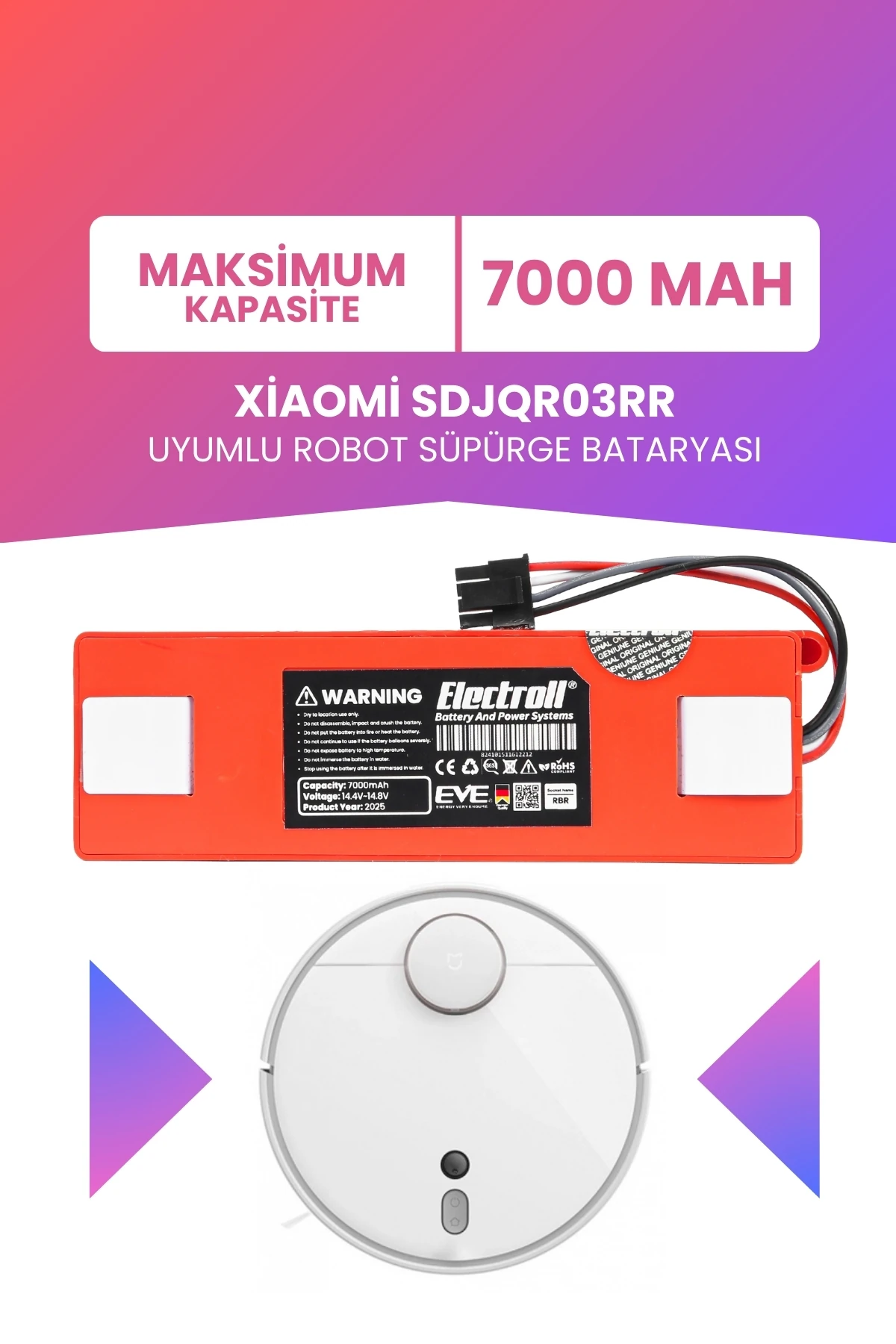 Xiaomi Sdjqr03rr Uyumlu Batarya (MAKSİMUM KAPASİTE) 7000mah Kutulu Robot Süpürge Pil Değişimi