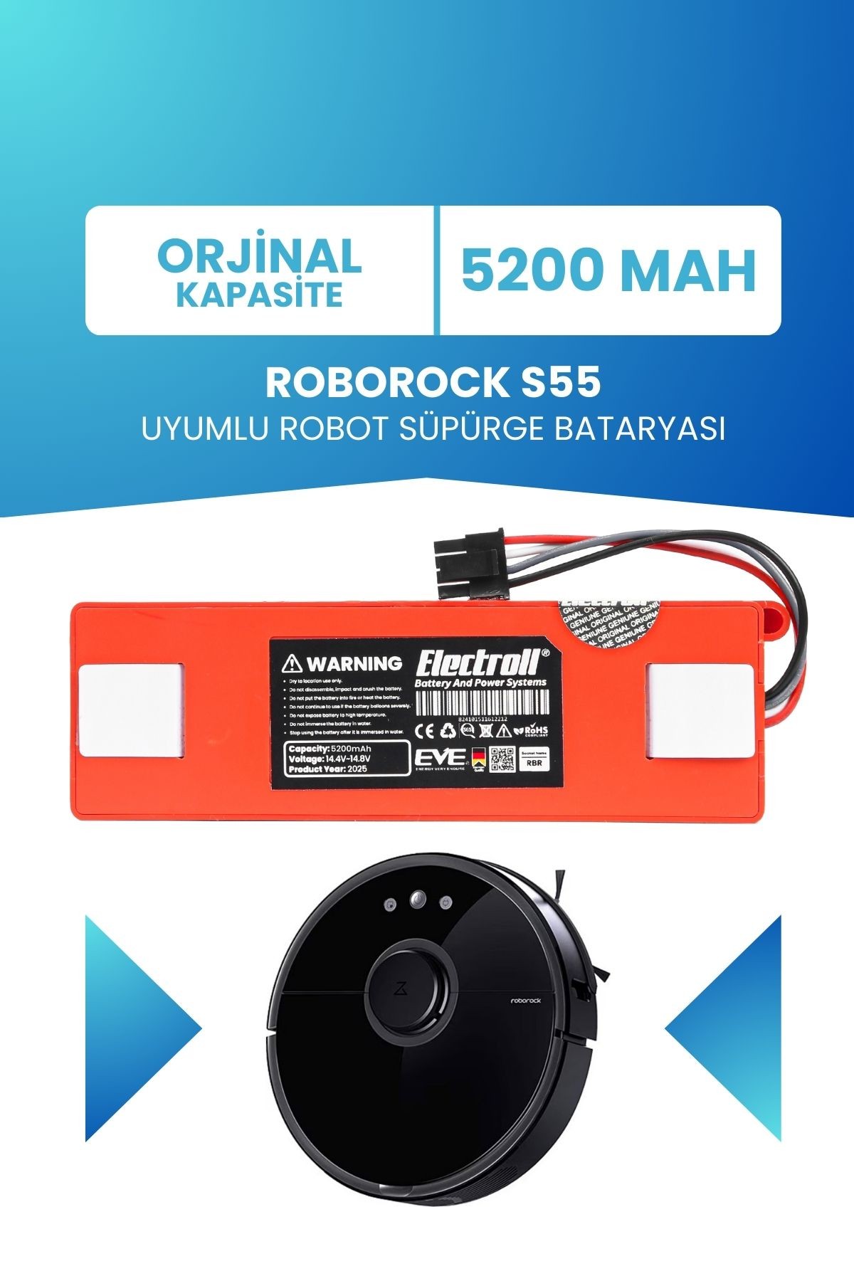 Roborock S55 Uyumlu Batarya (ORJİNAL KAPASİTE) 5200mah Pil Kutulu Robot Süpürge Bataryası Değişimi
